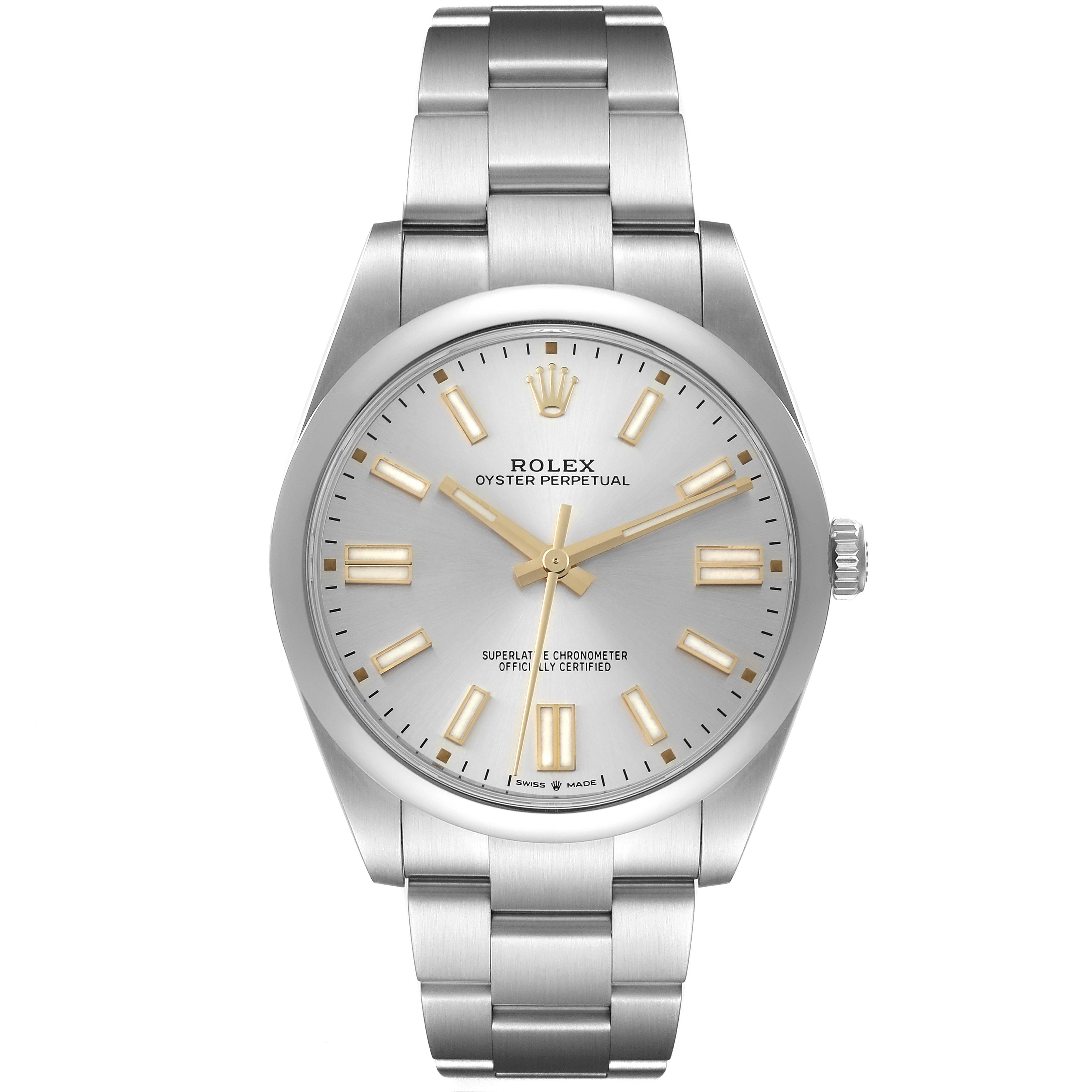 The image shows a front view of a Rolex Oyster Perpetual 124300 Men's Stainless Steel Silver Dial 124300 Men's Stainless Steel Silver Dial watch, highlighting the dial, bracelet, and watch crown.