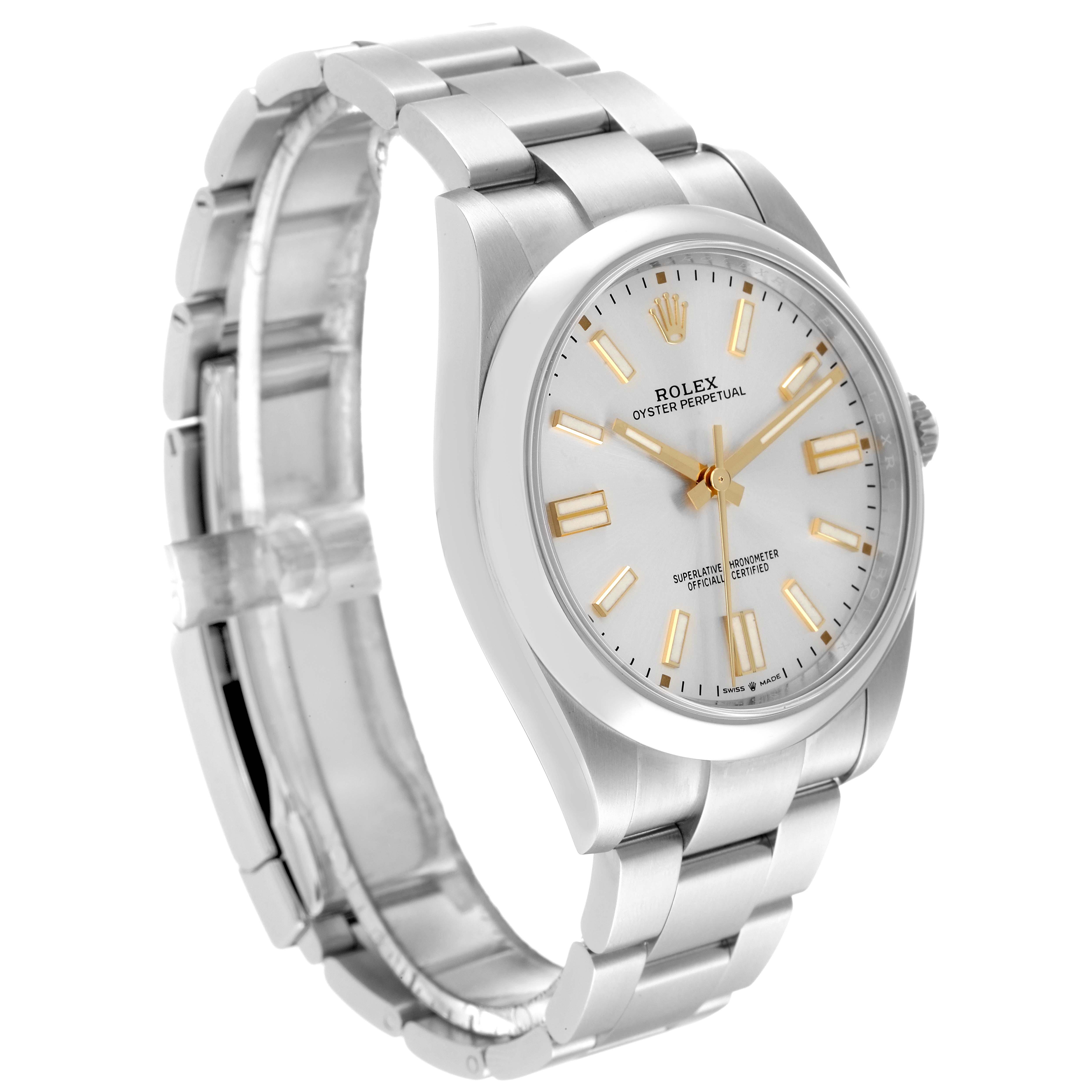 The image shows a side angle view of a Rolex Oyster Perpetual 124300 Men's Stainless Steel Silver Dial 124300 Men's Stainless Steel Silver Dial watch, highlighting its bracelet and face.