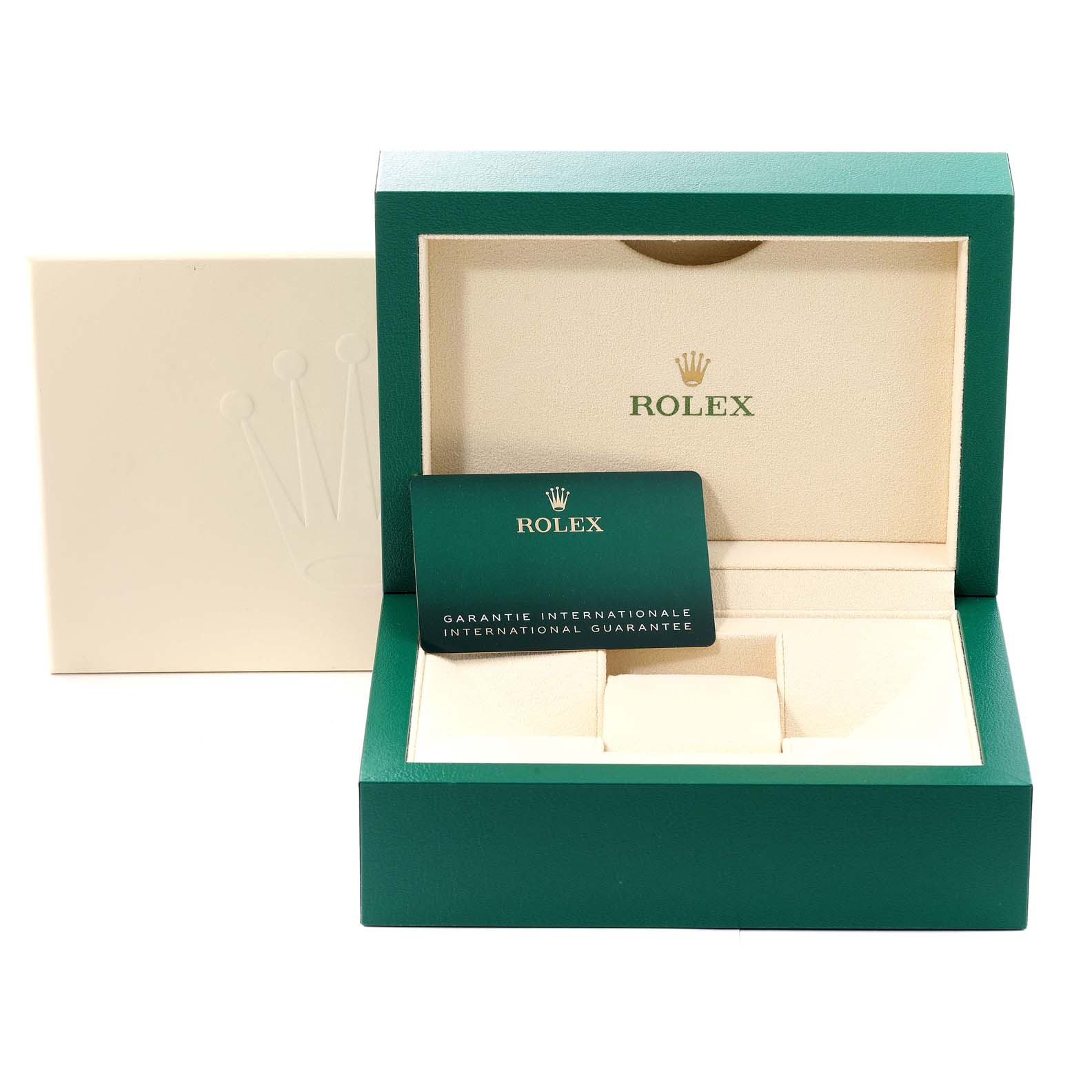The image shows an opened Rolex Oyster Perpetual 124300 Men's Stainless Steel Silver Dial 124300 Men's Stainless Steel Silver Dial watch box with a green international guarantee card inside.