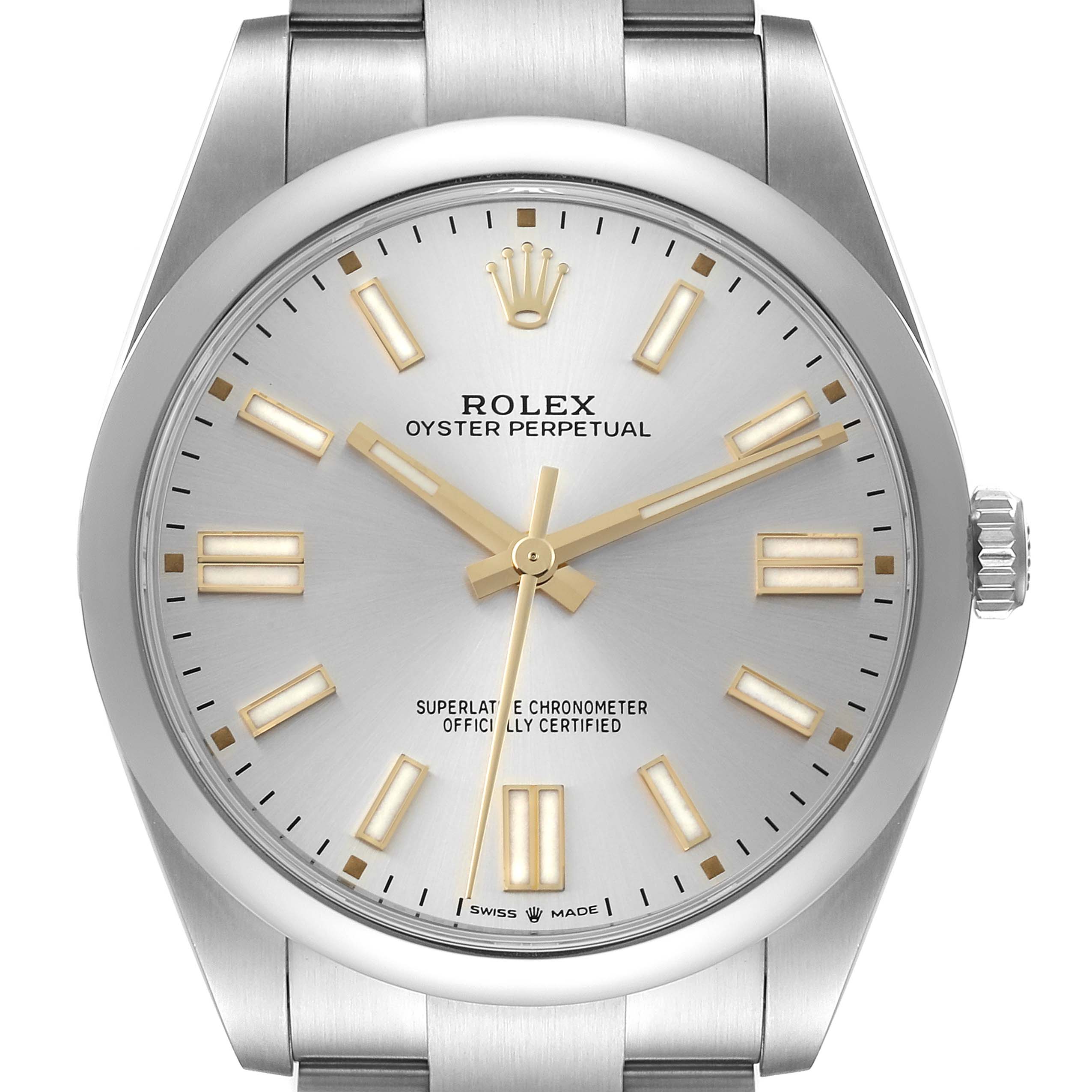 The image shows a front view of a Rolex Oyster Perpetual 124300 Men's Stainless Steel Silver Dial 124300 Men's Stainless Steel Silver Dial watch, highlighting its dial, hands, and bracelet.