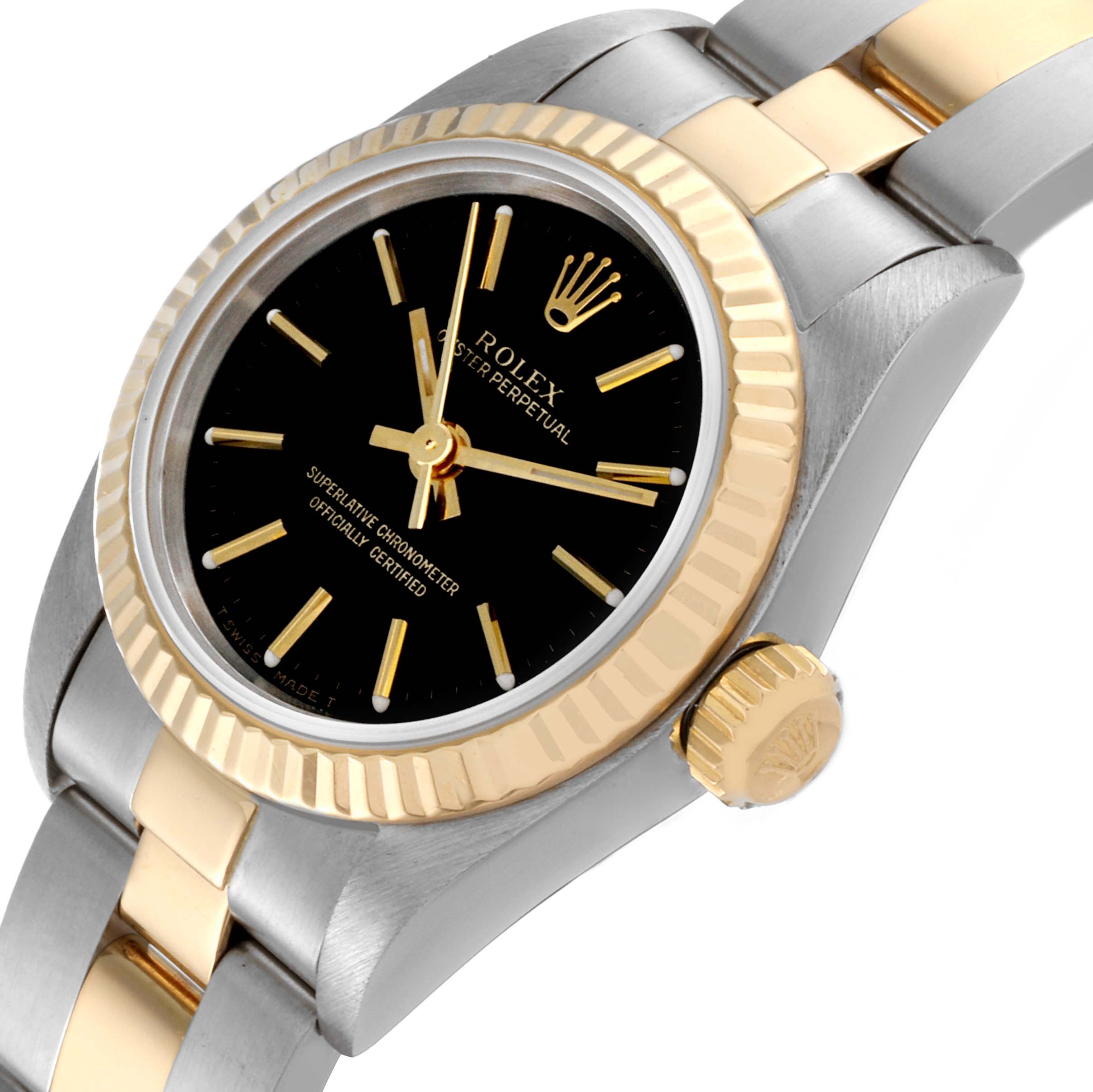 This image shows a close-up angled view of a Rolex Oyster Perpetual 67193 Women
s Steel and Gold (two tone) Black Dial 67193 Women
s Steel and Gold (two tone) Black Dial watch, highlighting the face, bezel, crown, and part of the bracelet.