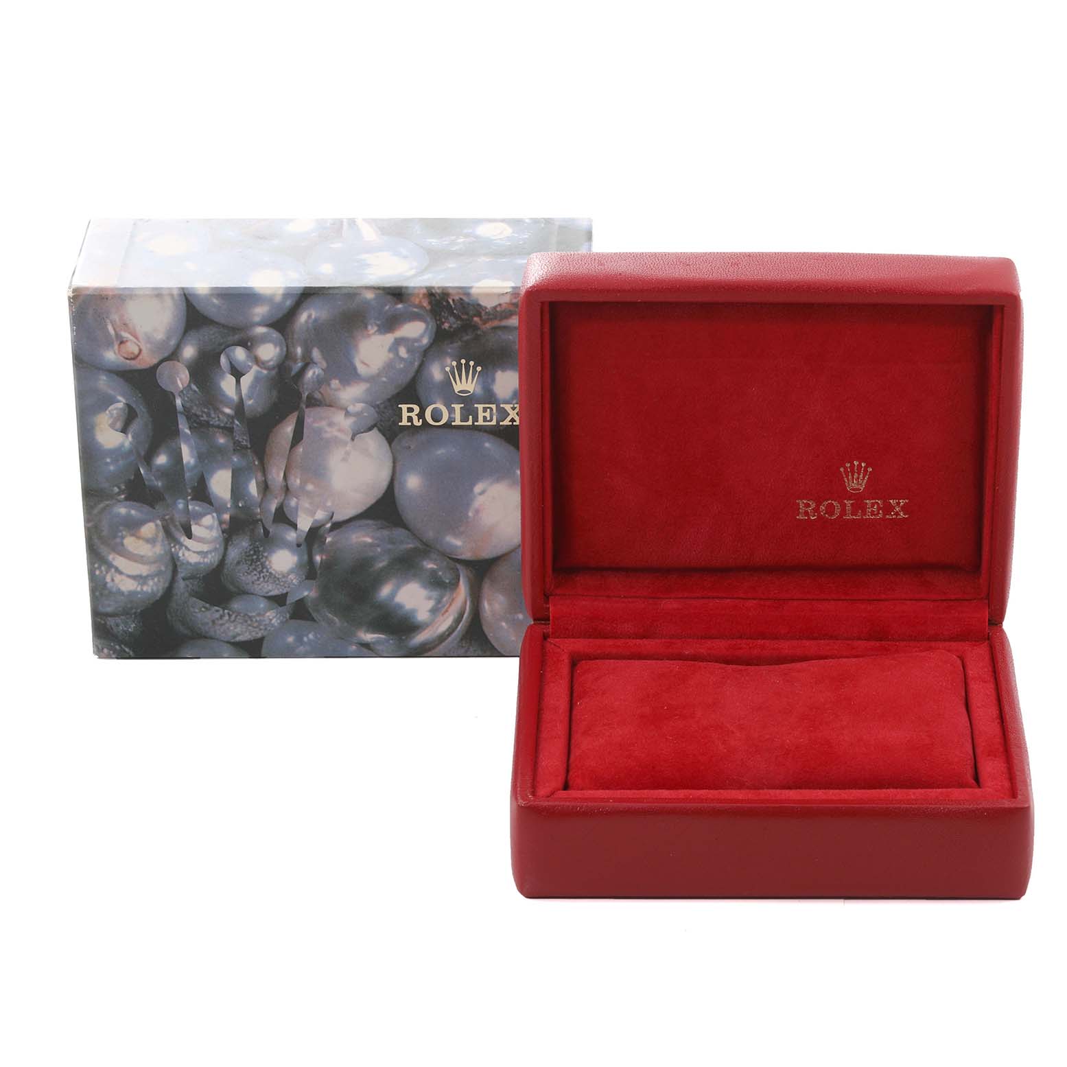 This image shows an empty red Rolex watch box and its outer packaging for the Oyster Perpetual model.
