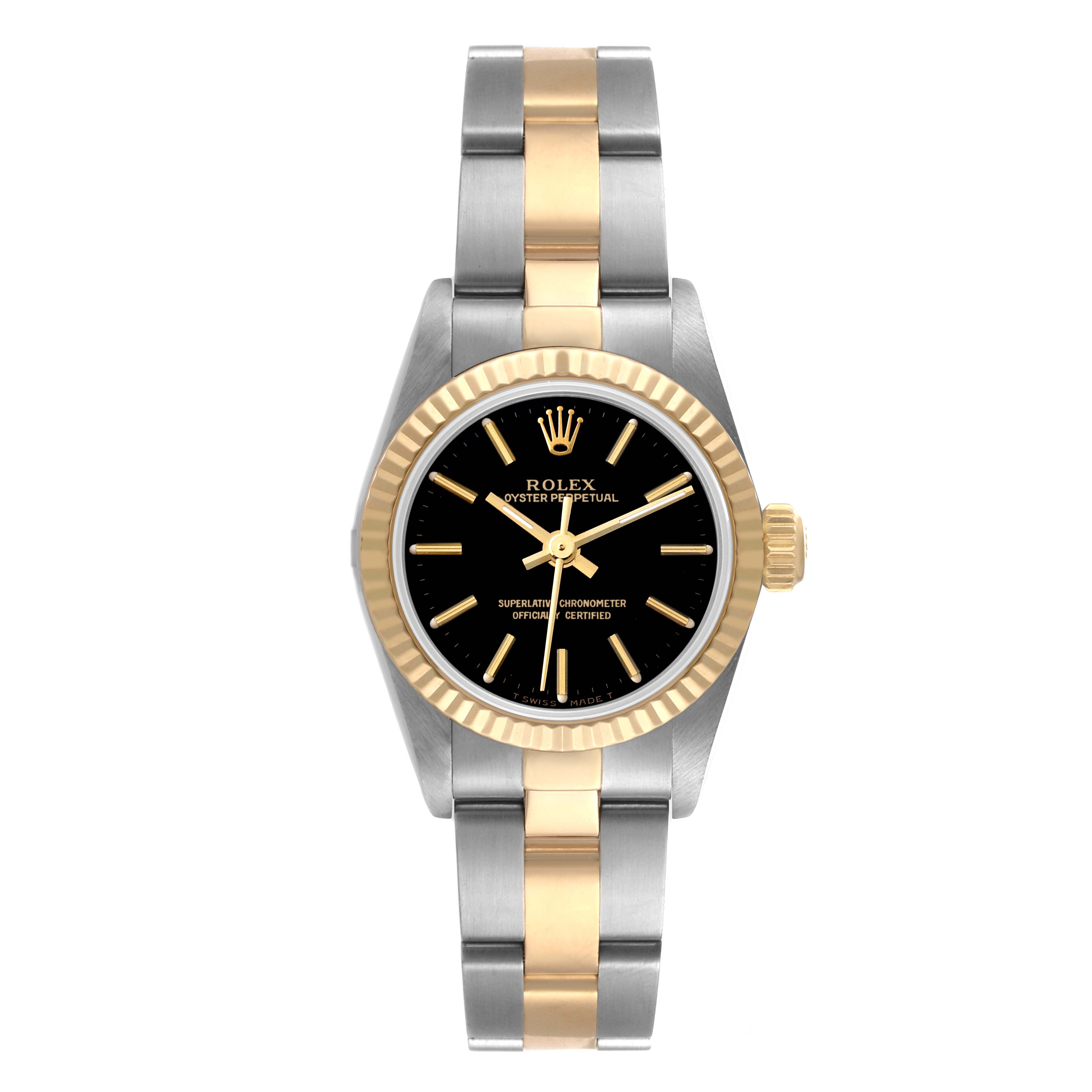 The image shows a front view of a Rolex Oyster Perpetual 67193 Women
s Steel and Gold (two tone) Black Dial 67193 Women
s Steel and Gold (two tone) Black Dial, highlighting the dial, bezel, and bracelet.