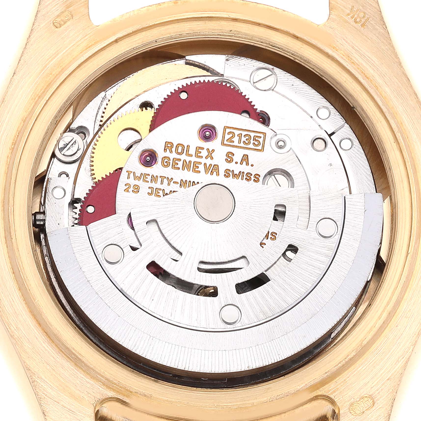 The image shows the internal mechanism of a Rolex Pearlmaster 69318 Women
s Yellow Gold Mother of Pearl Dial 69318 Women
s Yellow Gold Mother of Pearl Dial watch, viewed from the back case.