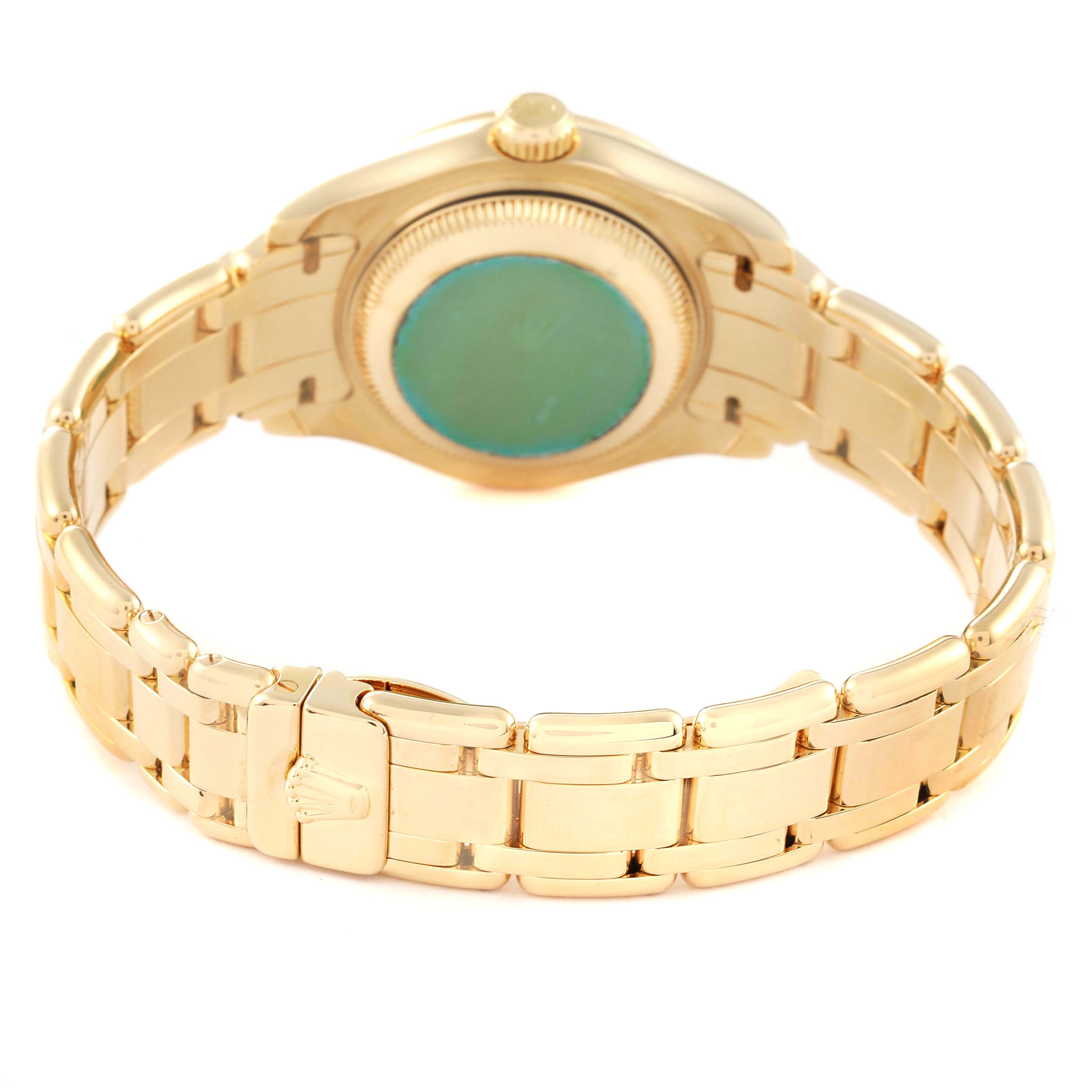 This image shows the back and bracelet of the Rolex Pearlmaster 69318 Women
s Yellow Gold Mother of Pearl Dial 69318 Women
s Yellow Gold Mother of Pearl Dial watch, highlighting the clasp and case back.