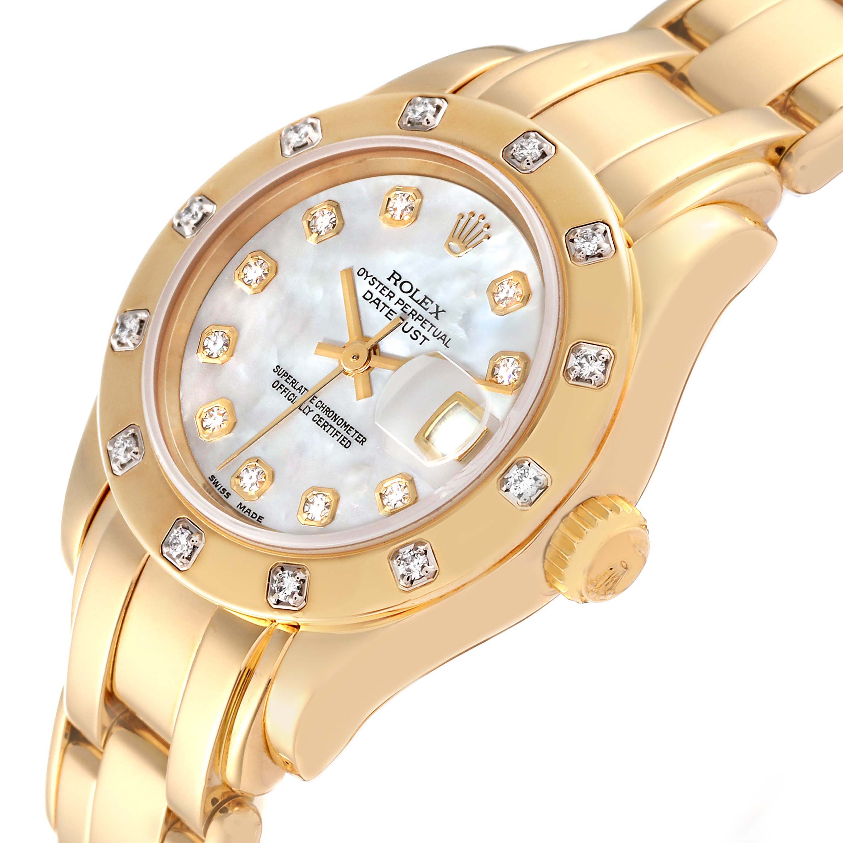 This photo of the Rolex Pearlmaster 69318 Women
s Yellow Gold Mother of Pearl Dial 69318 Women
s Yellow Gold Mother of Pearl Dial watch shows the face, bezel, and part of the bracelet at an angled side view.