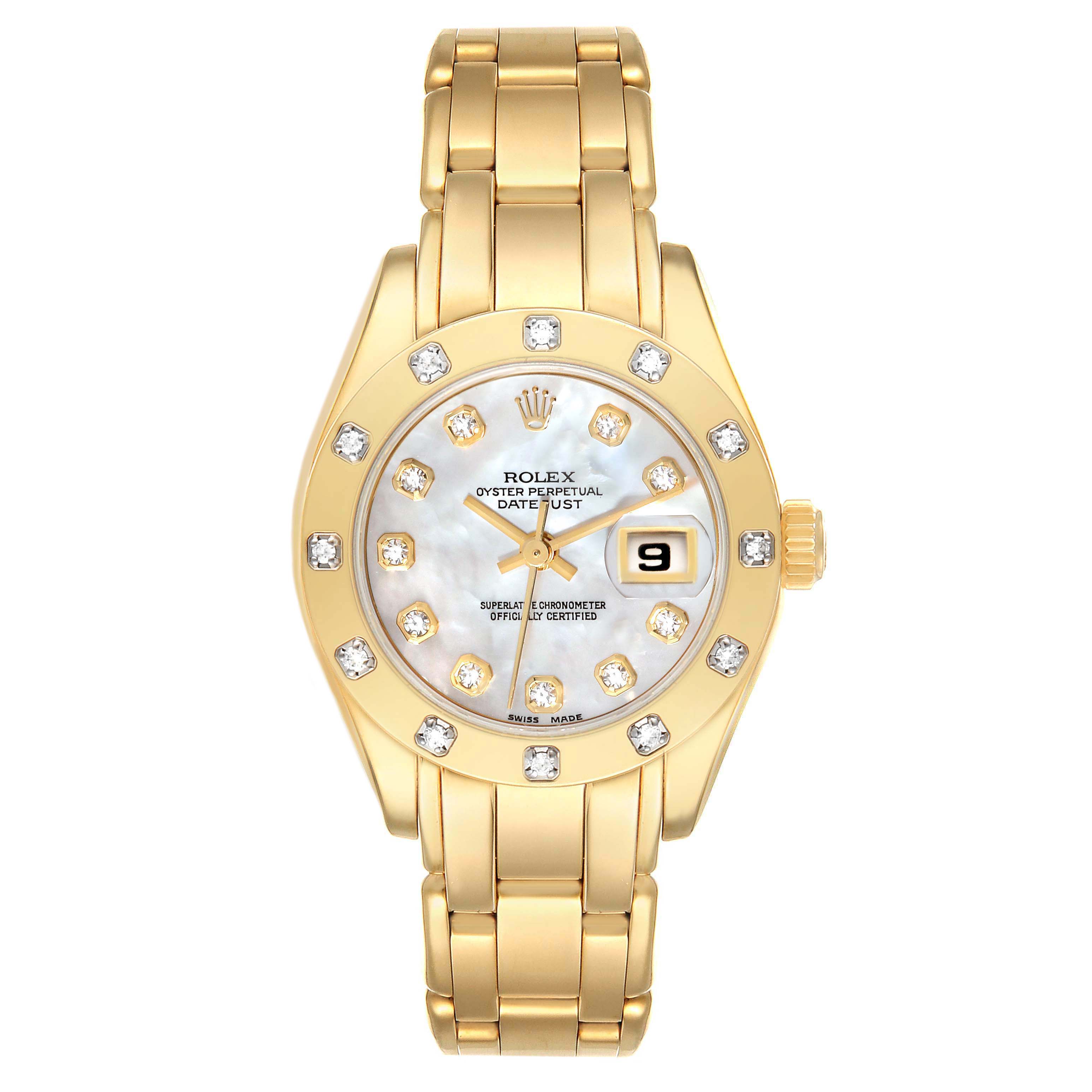 The image shows a front view of the Rolex Pearlmaster 69318 Women
s Yellow Gold Mother of Pearl Dial 69318 Women
s Yellow Gold Mother of Pearl Dial watch, highlighting its dial, bezel, and bracelet.