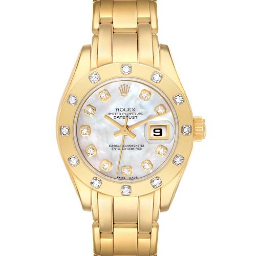 Photo of Rolex Pearlmaster Yellow Gold Mother of Pearl Diamond Ladies Watch 69318 Box Papers