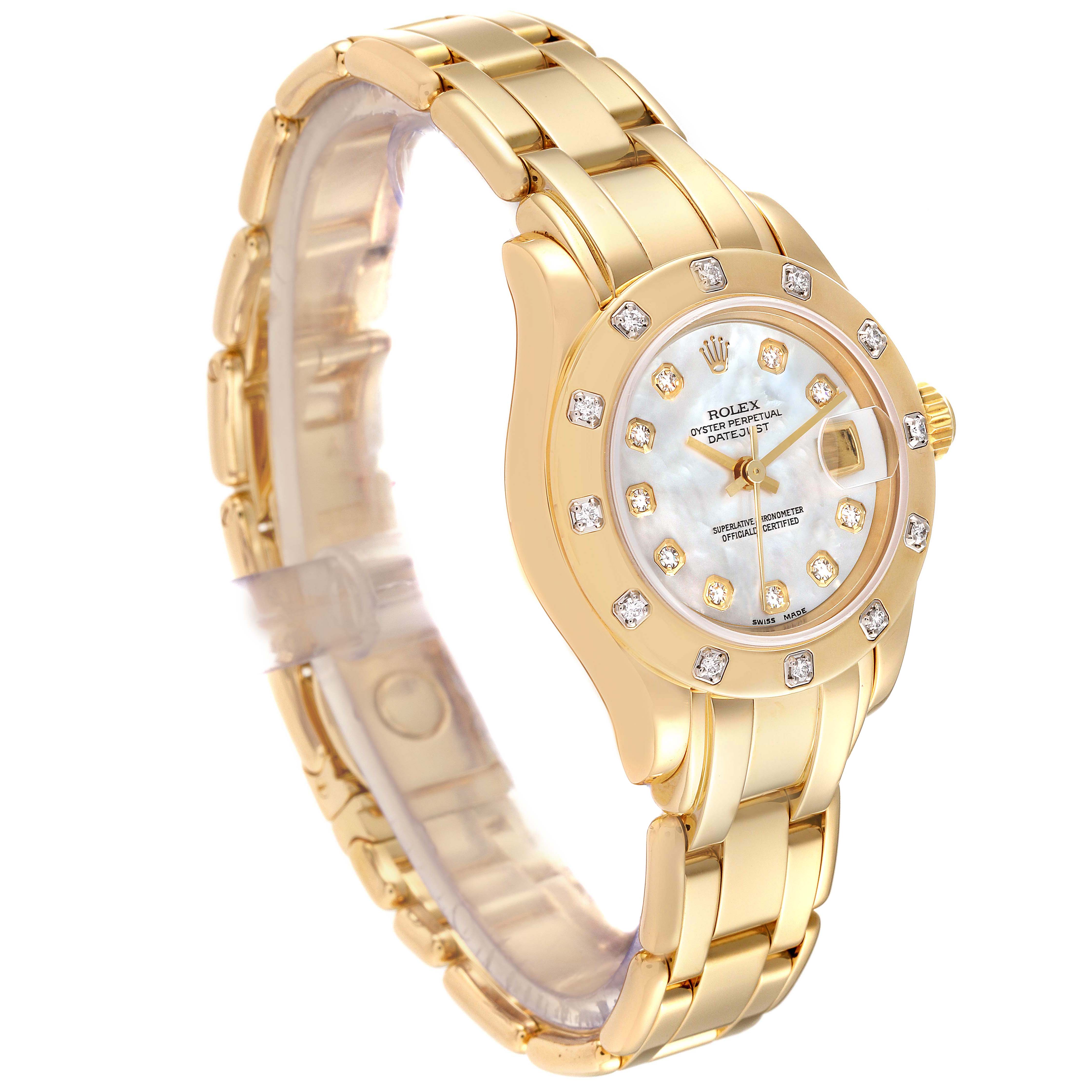 The Rolex Pearlmaster 69318 Women
s Yellow Gold Mother of Pearl Dial 69318 Women
s Yellow Gold Mother of Pearl Dial watch is shown at an angle above and slightly to the side, displaying the face, bezel, and bracelet.