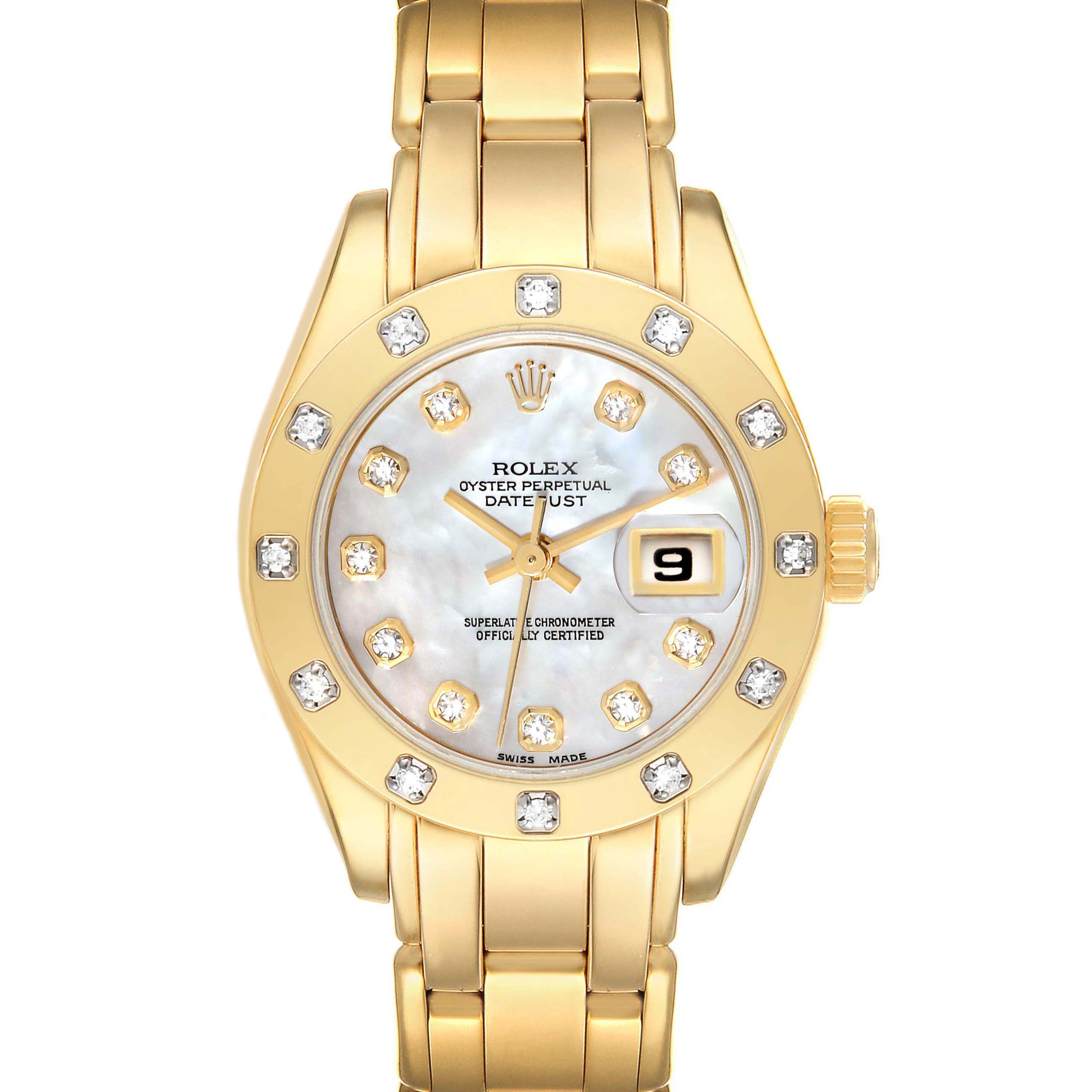 This image shows a front view of the Rolex Pearlmaster 69318 Women
s Yellow Gold Mother of Pearl Dial 69318 Women
s Yellow Gold Mother of Pearl Dial watch, highlighting the dial, bezel, and bracelet.