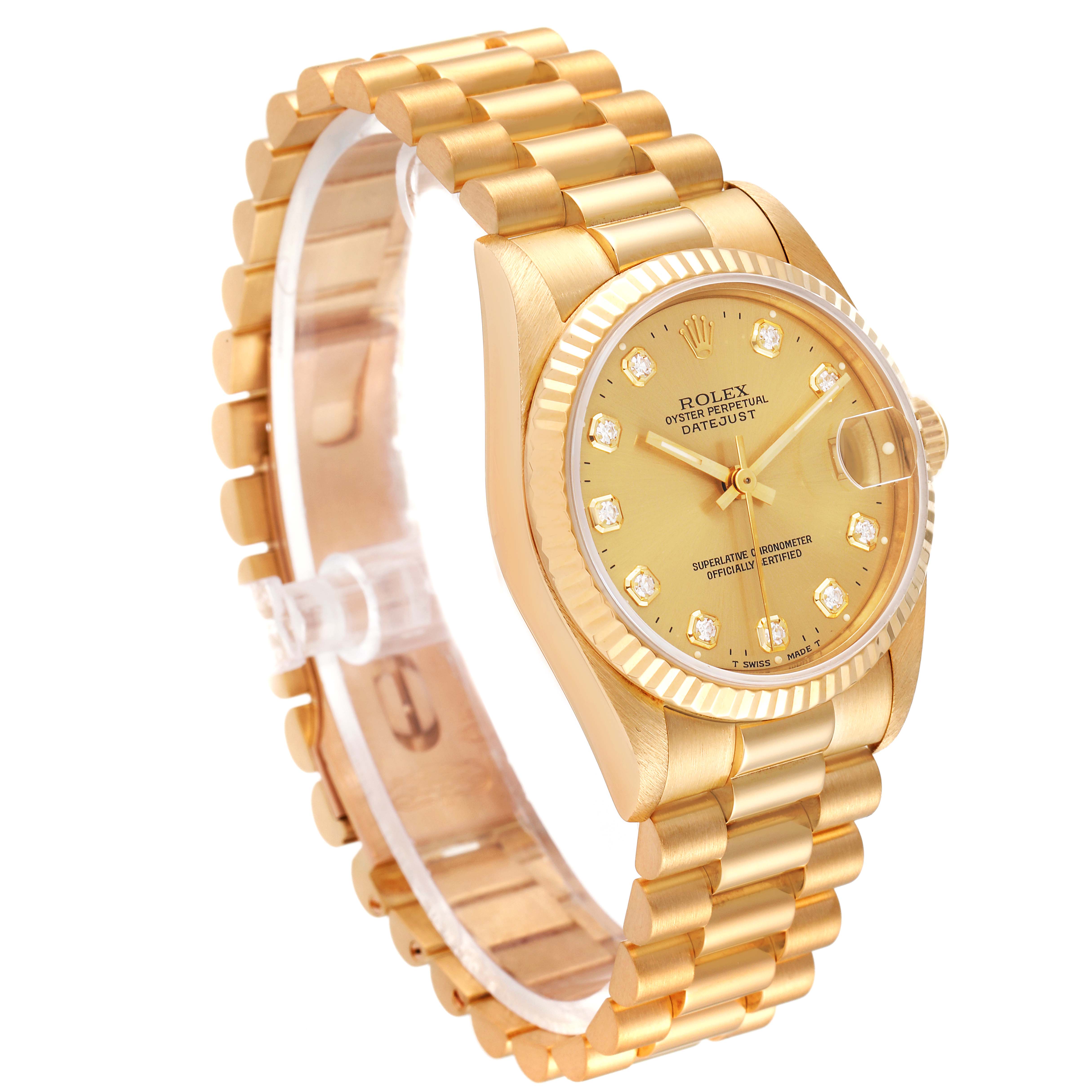 This image shows a Rolex President 68278 Women
s Yellow Gold Champagne Dial 68278 Women
s Yellow Gold Champagne Dial model watch from an angled side view, displaying its gold face, bracelet, and diamond markers.