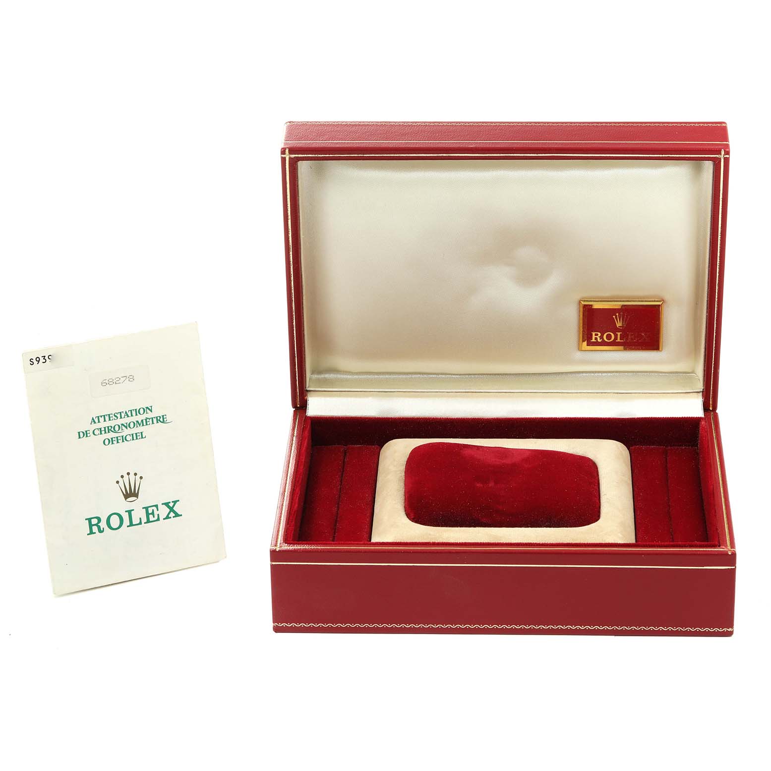 The image shows a Rolex President 68278 Women
s Yellow Gold Champagne Dial 68278 Women
s Yellow Gold Champagne Dial watch box and an official certificate positioned at the side.