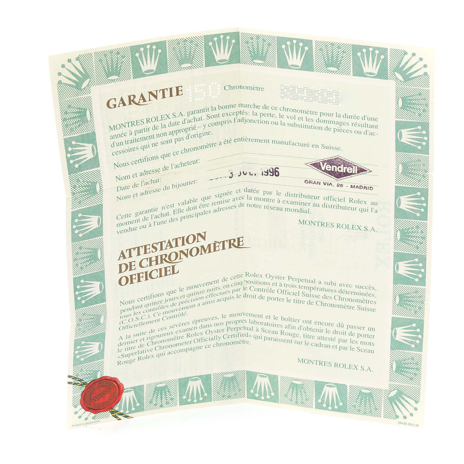 This image shows the official chronometer certificate paper for the Rolex President 68278 Women
s Yellow Gold Champagne Dial 68278 Women
s Yellow Gold Champagne Dial model watch.