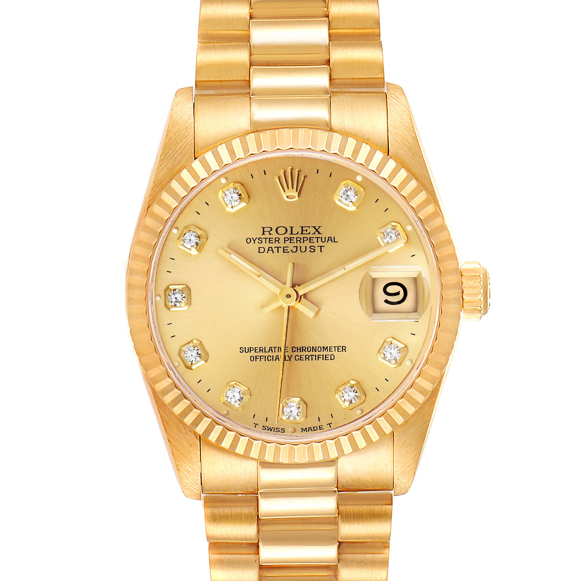 The Rolex President 68278 Women
s Yellow Gold Champagne Dial 68278 Women
s Yellow Gold Champagne Dial model watch is shown from a front angle, highlighting its gold face, bracelet, and date window.