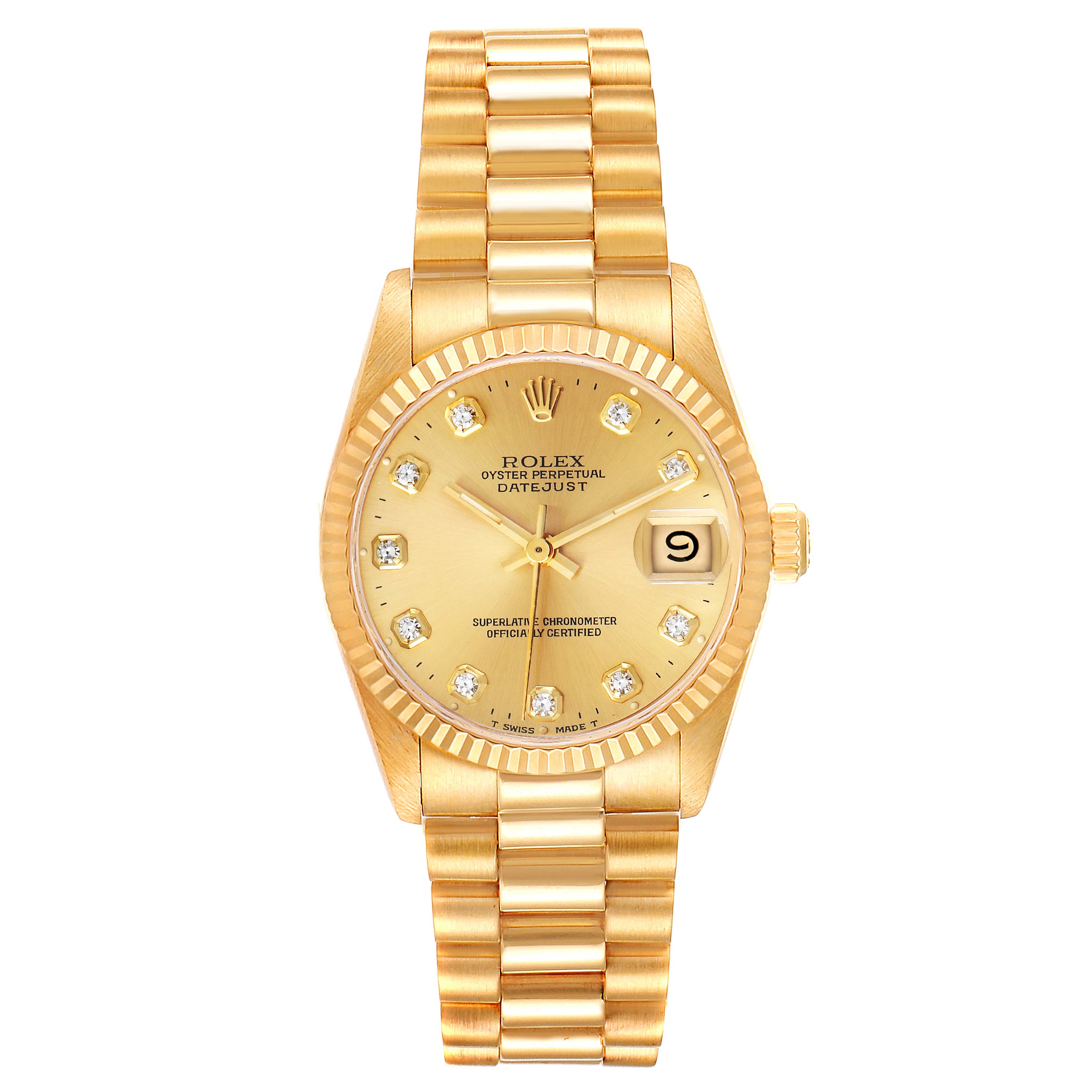 This image shows a frontal view of a Rolex President 68278 Women
s Yellow Gold Champagne Dial 68278 Women
s Yellow Gold Champagne Dial model watch, highlighting its gold dial, bezel, and bracelet.