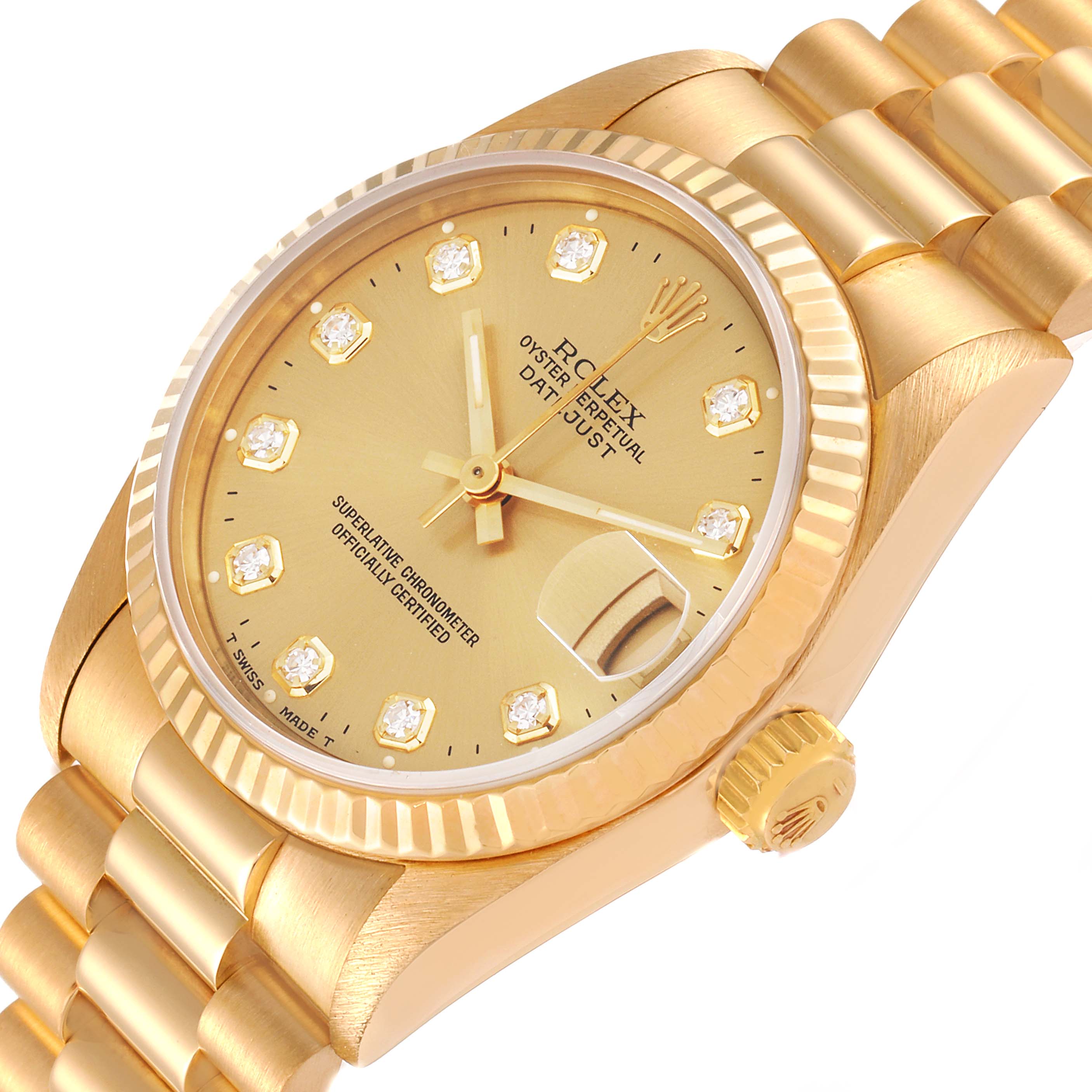 The image shows a gold Rolex President 68278 Women
s Yellow Gold Champagne Dial 68278 Women
s Yellow Gold Champagne Dial watch from an angled view, highlighting its dial, bezel, and bracelet.