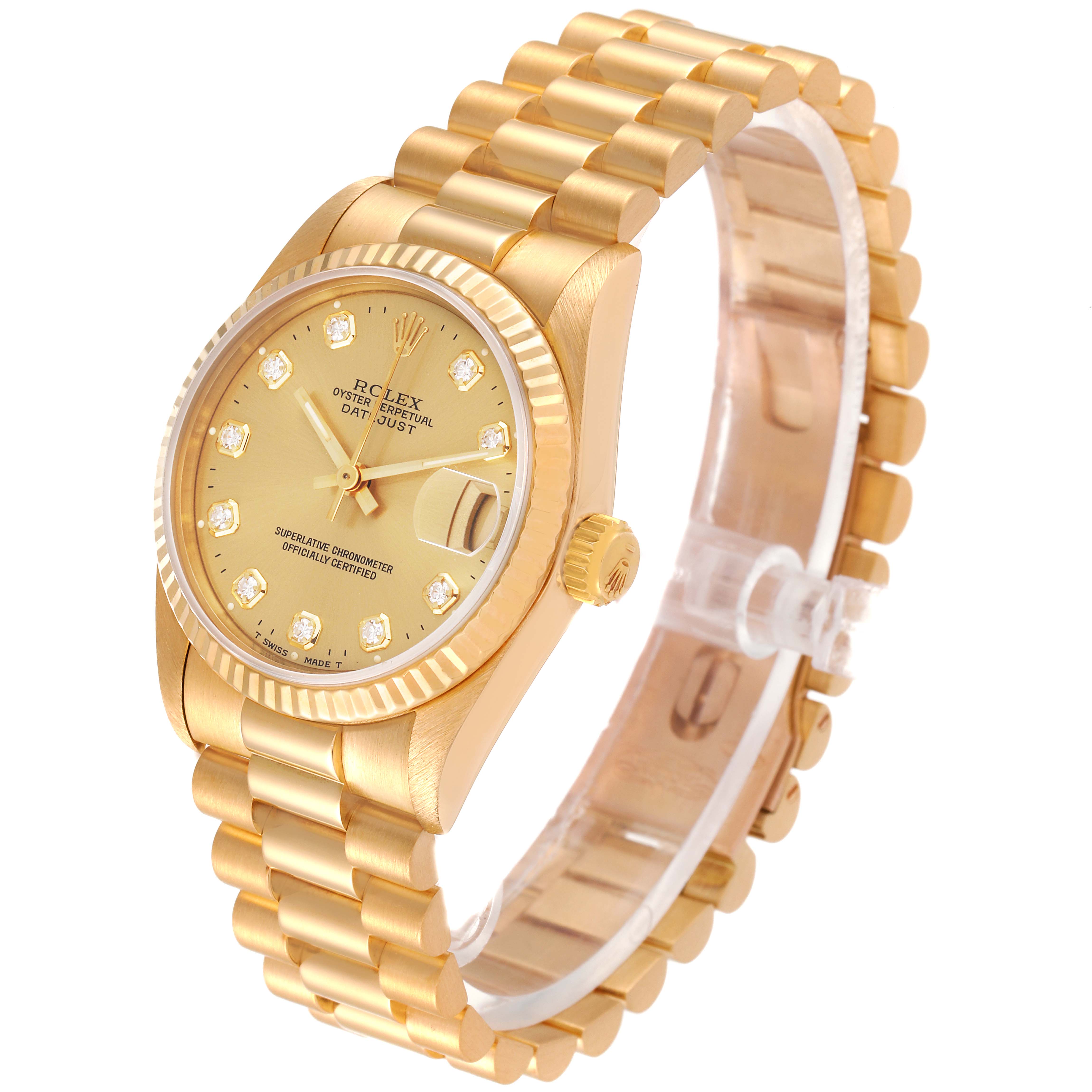 This image shows a Rolex President 68278 Women
s Yellow Gold Champagne Dial 68278 Women
s Yellow Gold Champagne Dial model watch, featuring the dial, bezel, case, bracelet, and crown from a side angle.