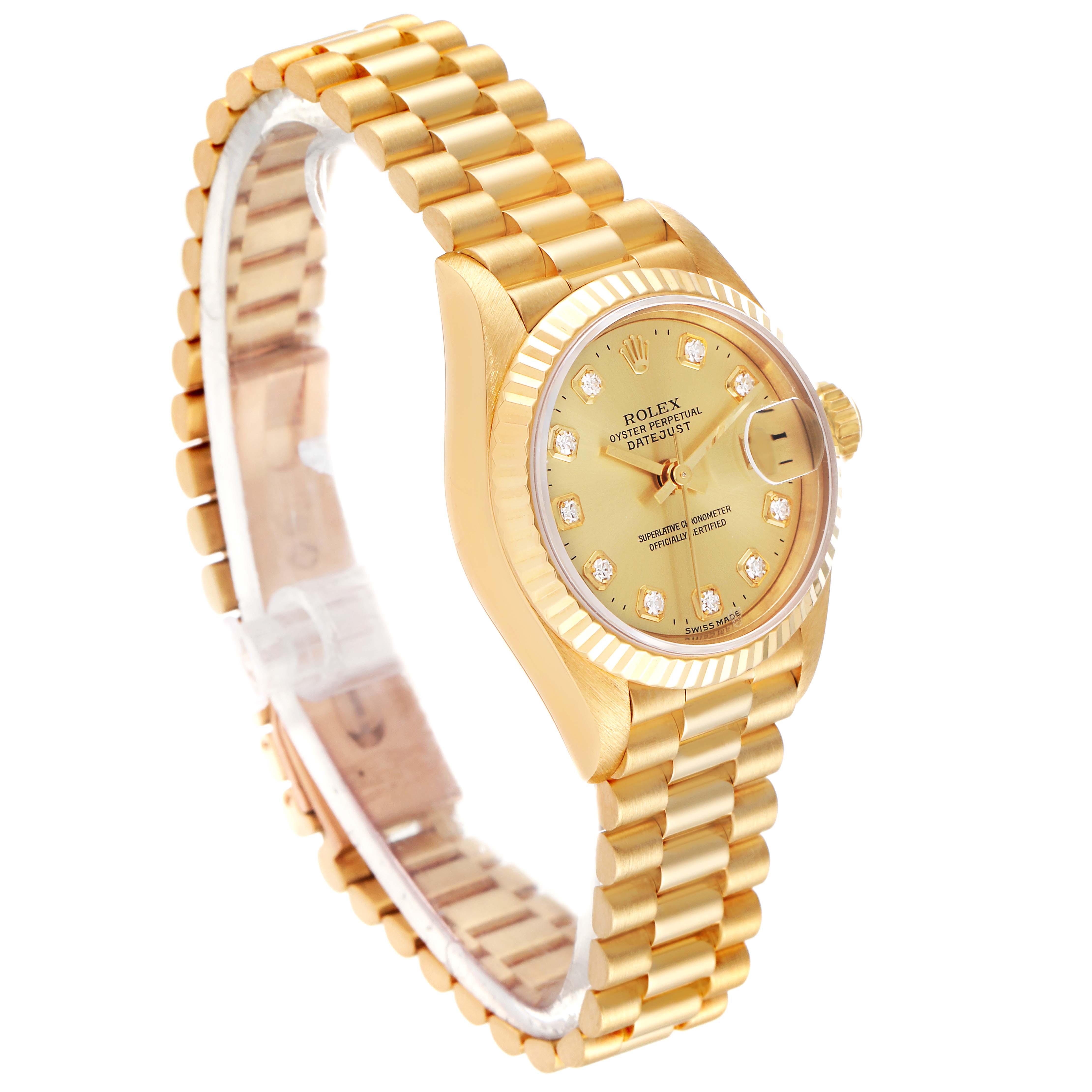 This image shows a side view of the Rolex President 69178 Women
s Yellow Gold Champagne Dial 69178 Women
s Yellow Gold Champagne Dial model watch, highlighting its gold bracelet, bezel, and diamond-set dial.