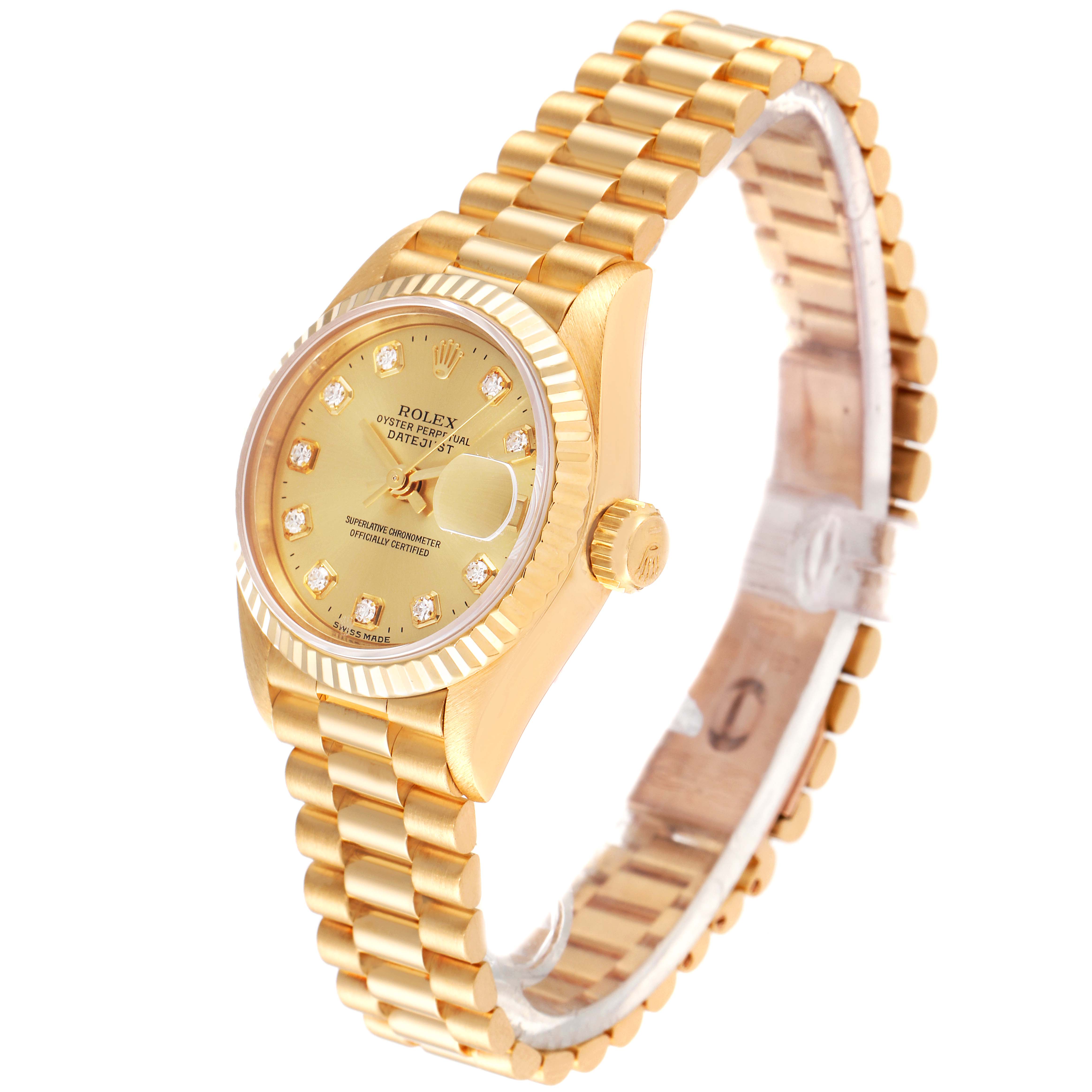 The image shows a Rolex President 69178 Women
s Yellow Gold Champagne Dial 69178 Women
s Yellow Gold Champagne Dial model watch at a slight angle, highlighting the watch face, bezel, and bracelet.