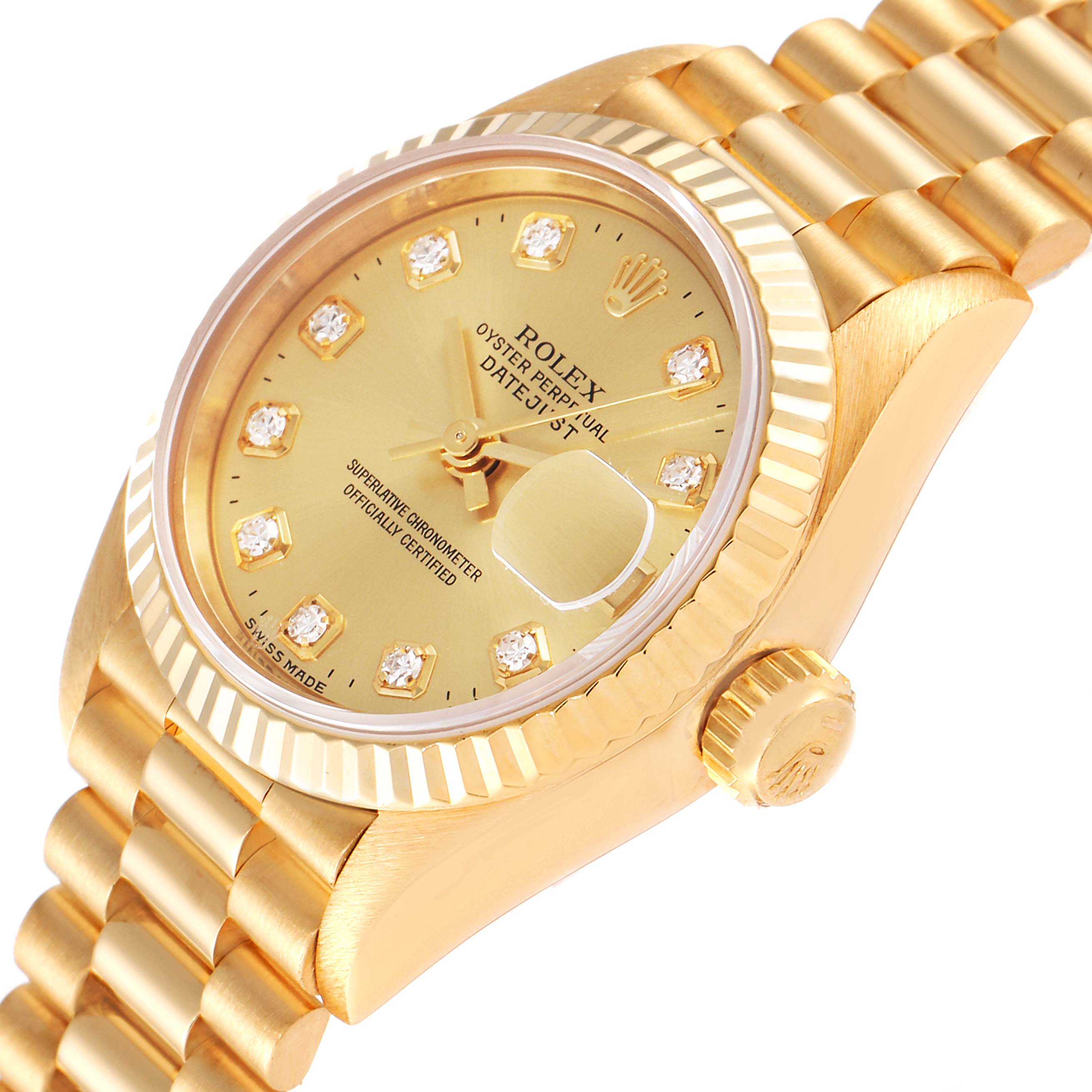 The image shows a side view of the Rolex President 69178 Women
s Yellow Gold Champagne Dial 69178 Women
s Yellow Gold Champagne Dial model watch, highlighting the dial, bezel, and bracelet.