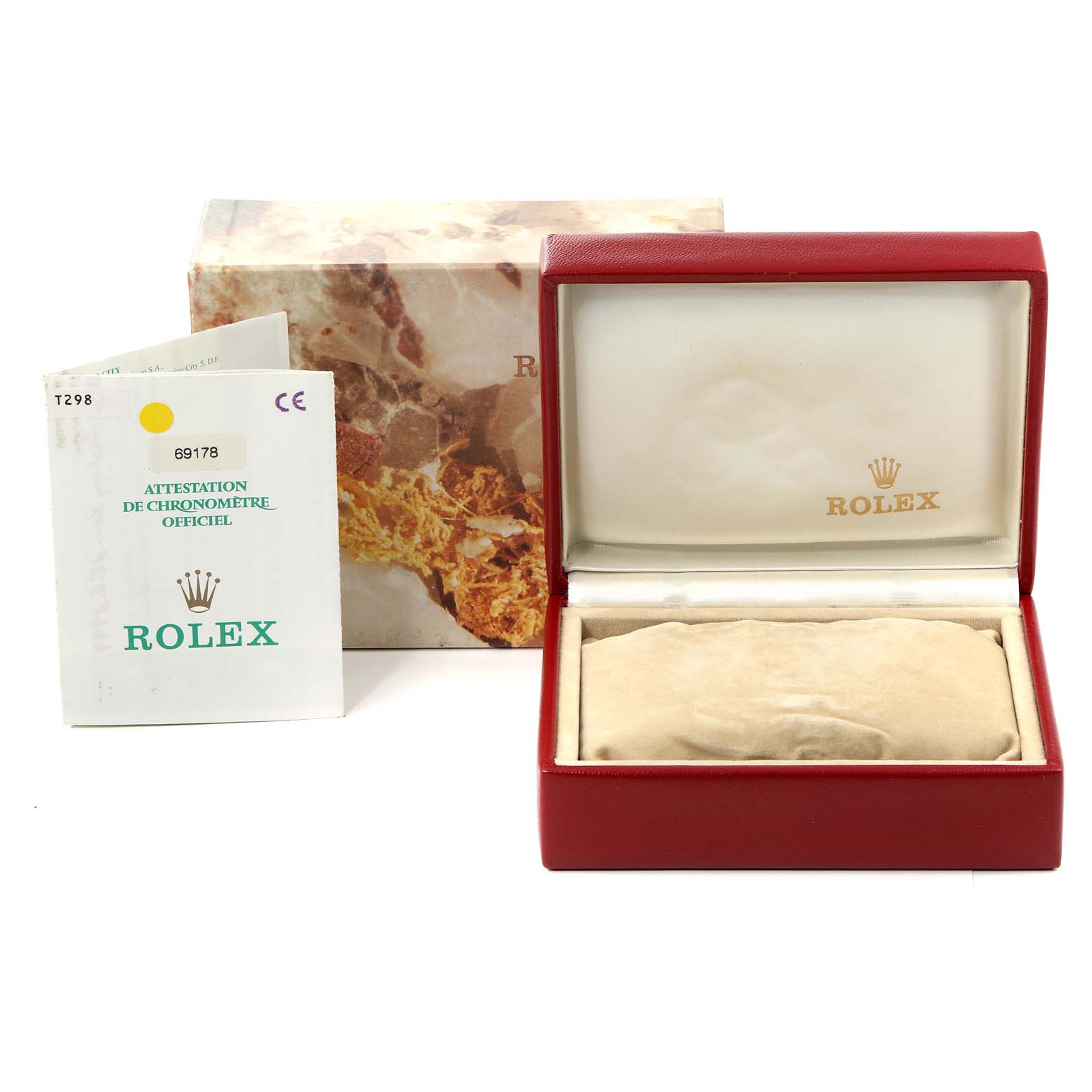 The image shows the open box, pillow, and certification booklet of a Rolex President 69178 Women
s Yellow Gold Champagne Dial 69178 Women
s Yellow Gold Champagne Dial model watch.