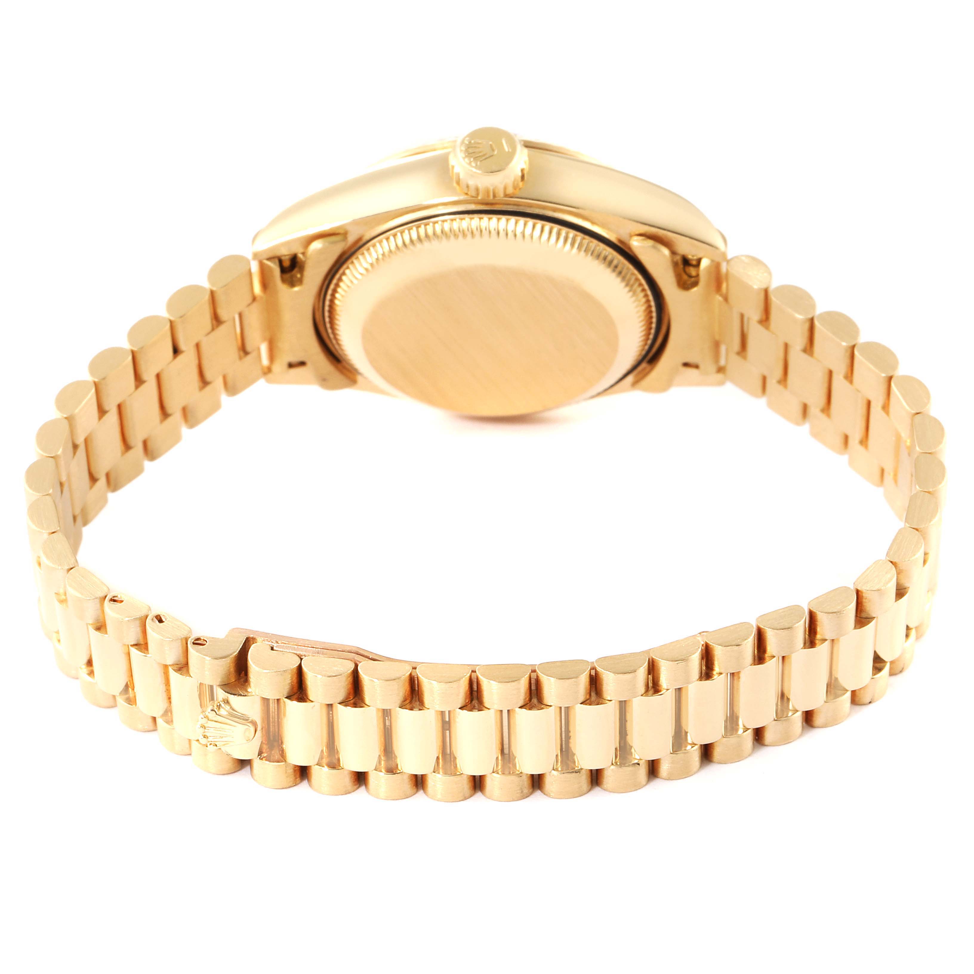 The image shows the back case and bracelet of a Rolex President 69178 Women
s Yellow Gold Champagne Dial 69178 Women
s Yellow Gold Champagne Dial model watch, viewed from the rear.
