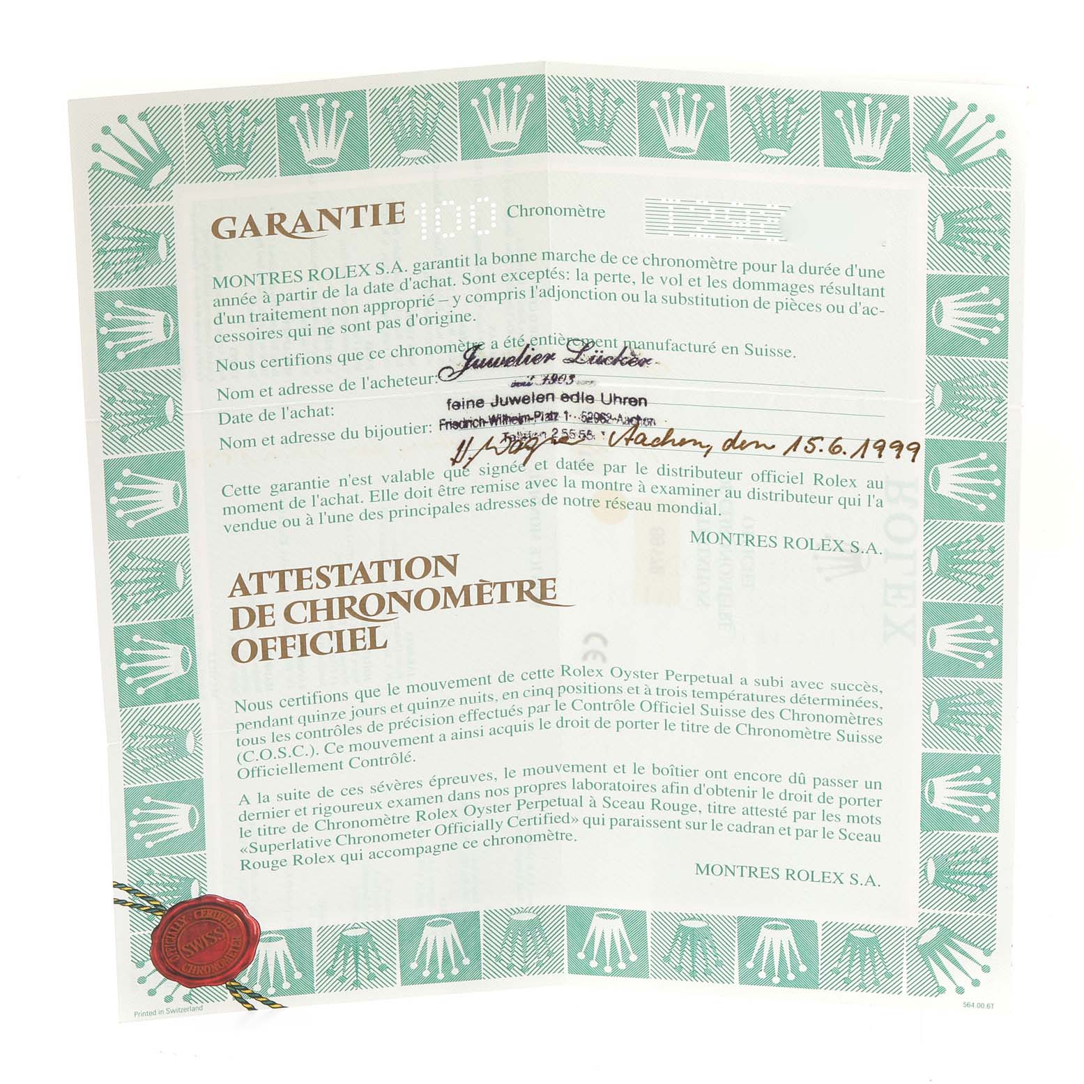 The image shows a warranty and chronometer certificate for a Rolex President 69178 Women
s Yellow Gold Champagne Dial 69178 Women
s Yellow Gold Champagne Dial model watch.