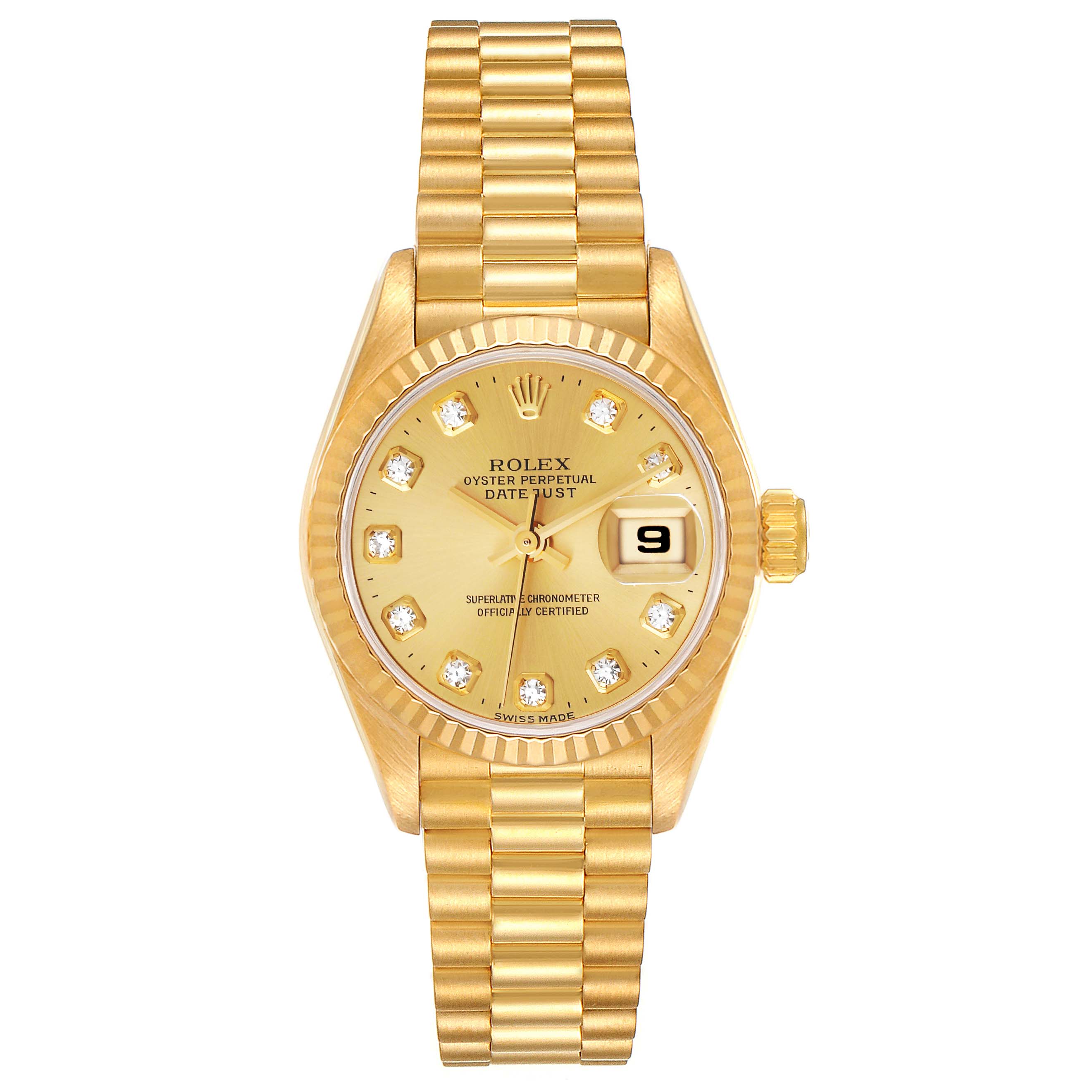 This image shows a President model by Rolex with a gold dial, date display, and diamond markers, viewed from the front.