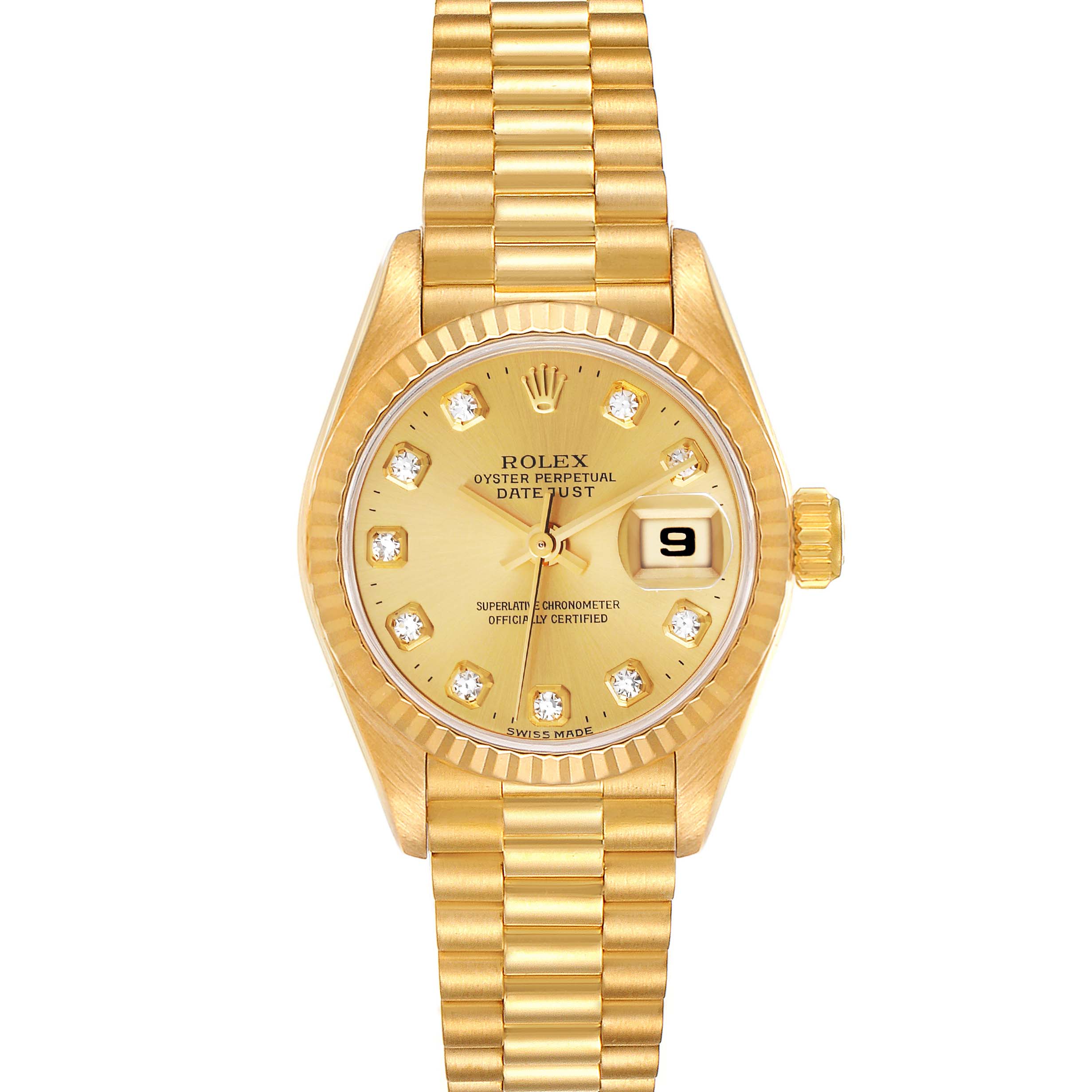 The image shows a frontal view of a Rolex President 69178 Women
s Yellow Gold Champagne Dial 69178 Women
s Yellow Gold Champagne Dial model watch, featuring a gold bracelet, date window, and diamond hour markers.