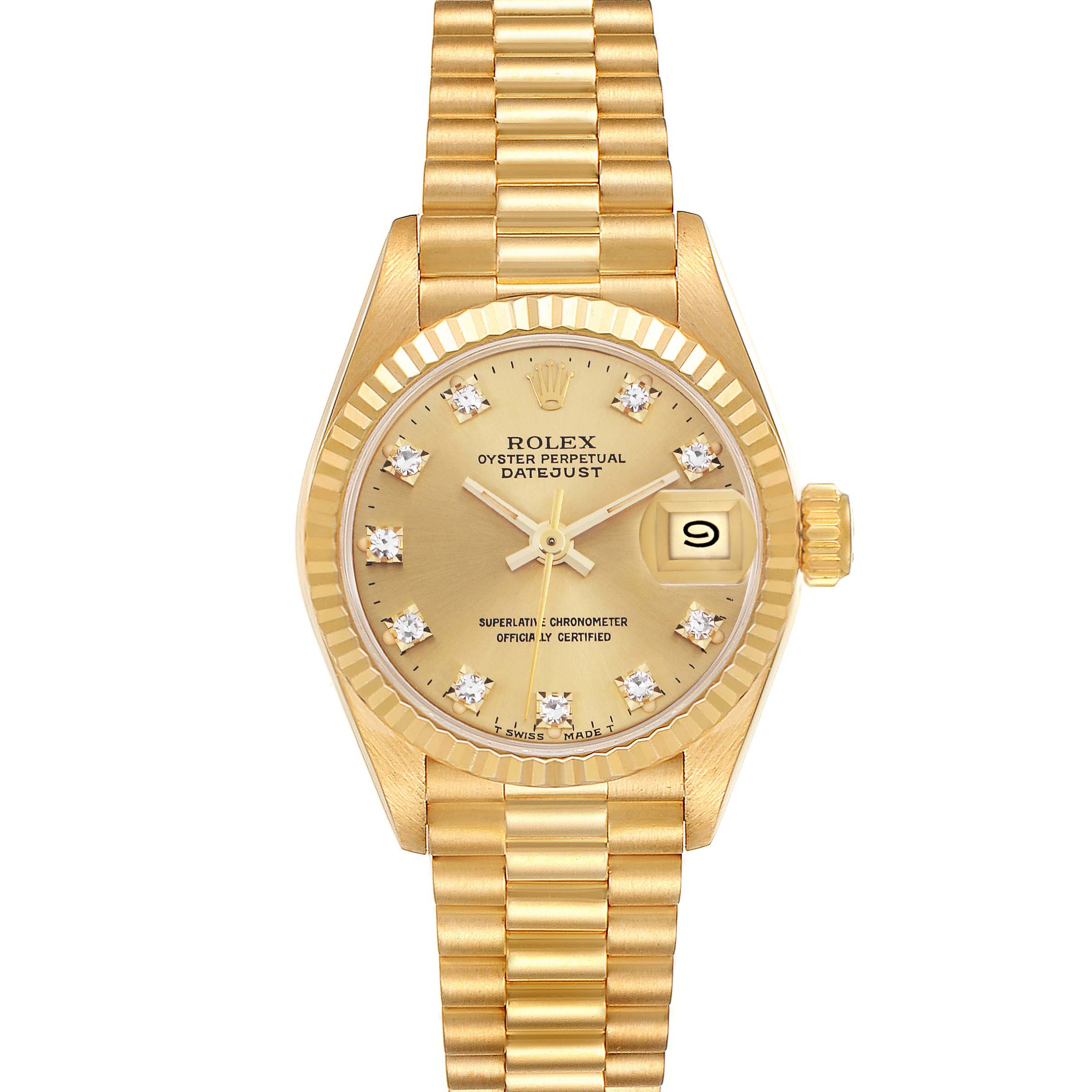 The Rolex President 69178 Women
s Yellow Gold Champagne Dial 69178 Women
s Yellow Gold Champagne Dial watch is shown from the front, highlighting its gold case, dial, diamond markers, fluted bezel, and bracelet.