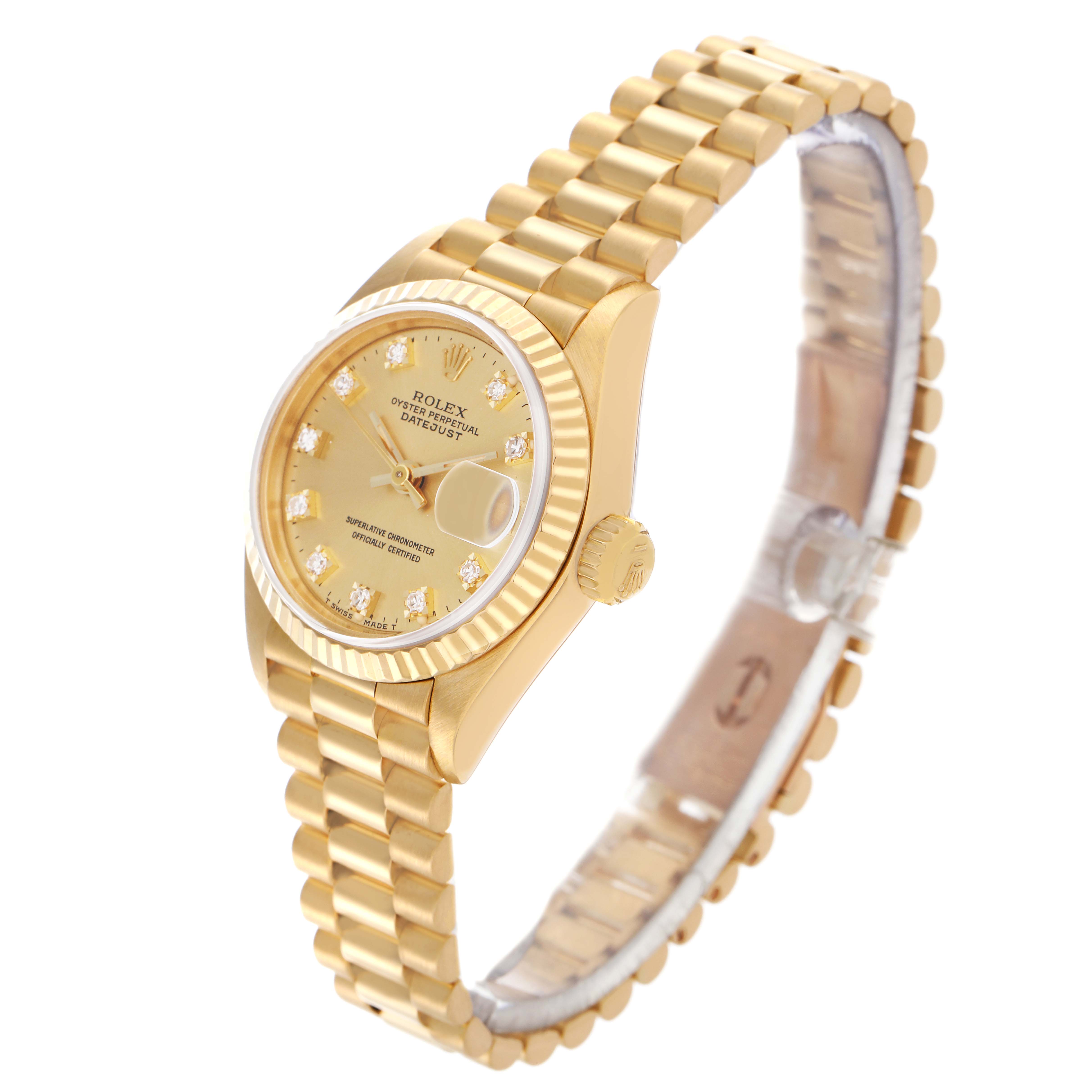 The Rolex President 69178 Women
s Yellow Gold Champagne Dial 69178 Women
s Yellow Gold Champagne Dial model watch is shown at a three-quarter angle, highlighting the bracelet, gold case, and diamond markers on the dial.