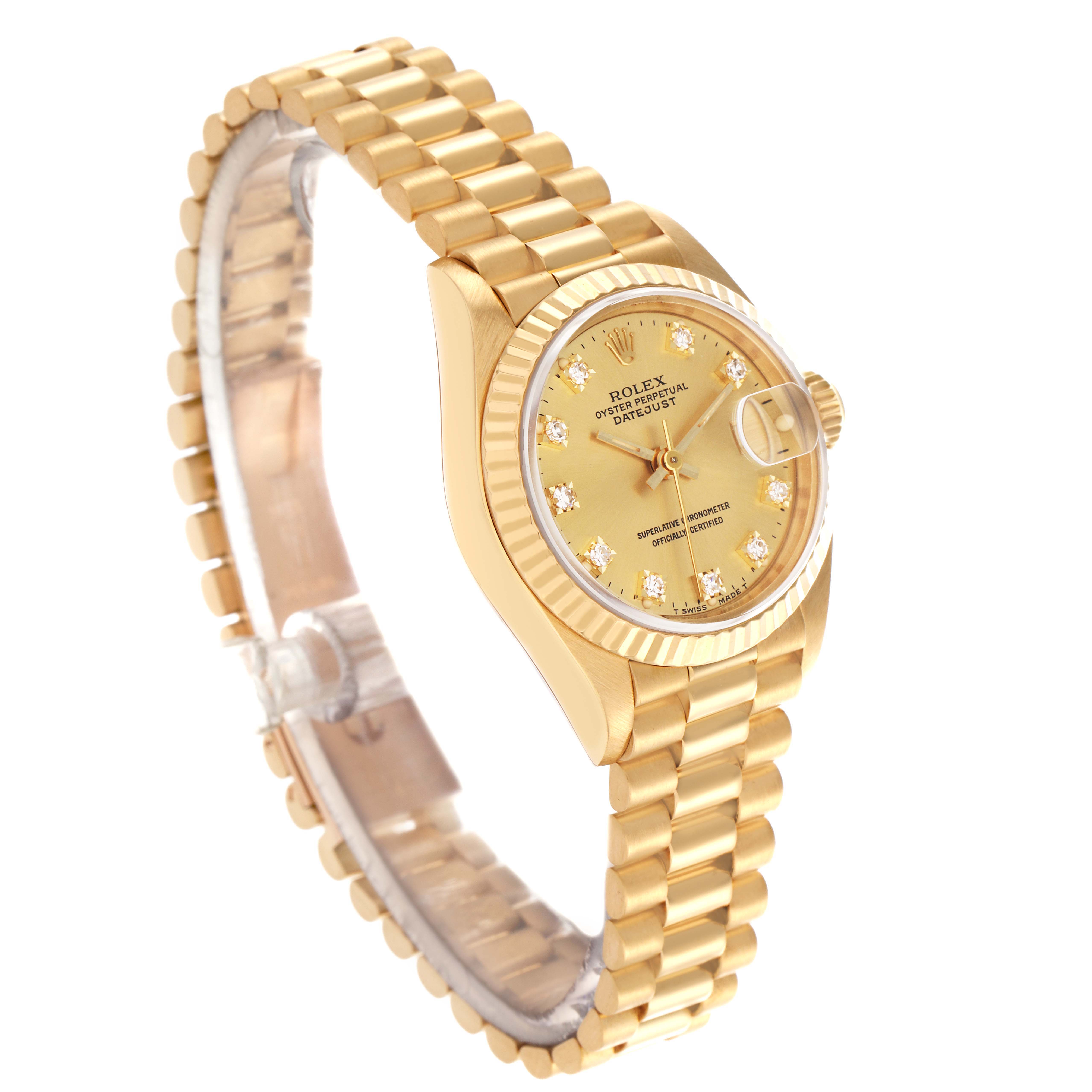 The Rolex President 69178 Women
s Yellow Gold Champagne Dial 69178 Women
s Yellow Gold Champagne Dial model is shown at an angle revealing the dial, bezel, bracelet, and part of the crown.