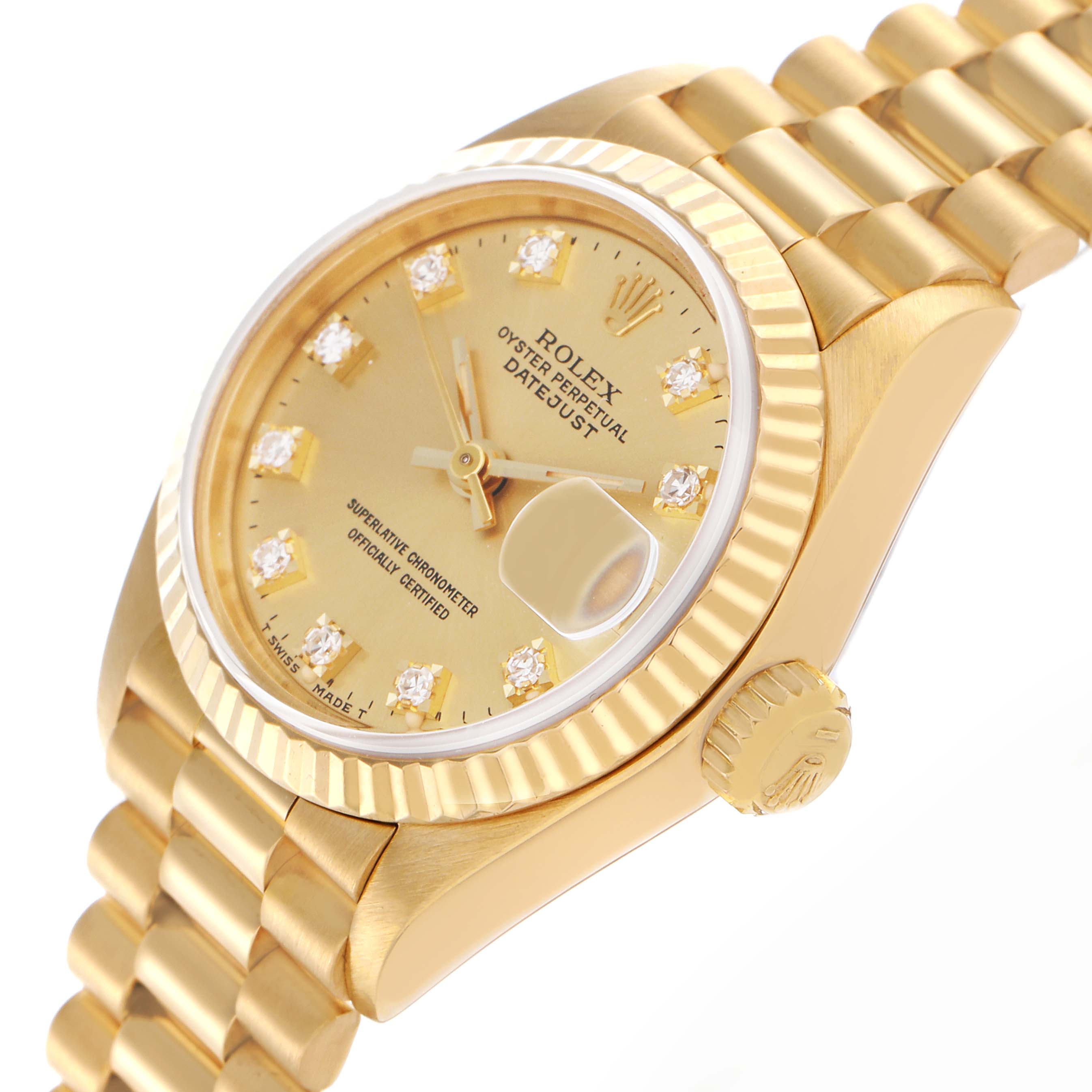 The Rolex President 69178 Women
s Yellow Gold Champagne Dial 69178 Women
s Yellow Gold Champagne Dial model is shown at a slight angle, displaying the dial, bezel, and part of the bracelet.