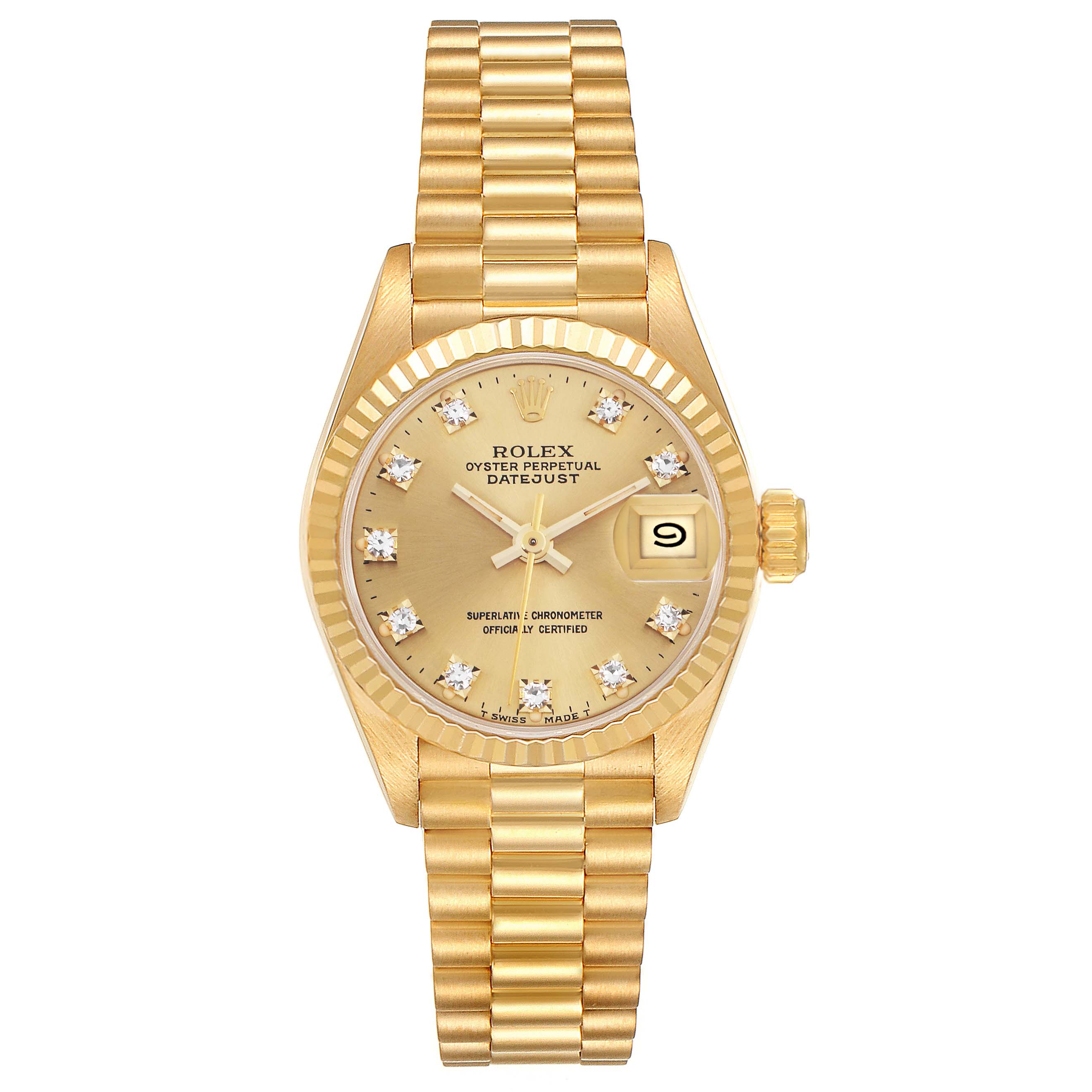 The Rolex President 69178 Women
s Yellow Gold Champagne Dial 69178 Women
s Yellow Gold Champagne Dial watch is shown from a top-down angle, displaying the dial, bracelet, and date window.