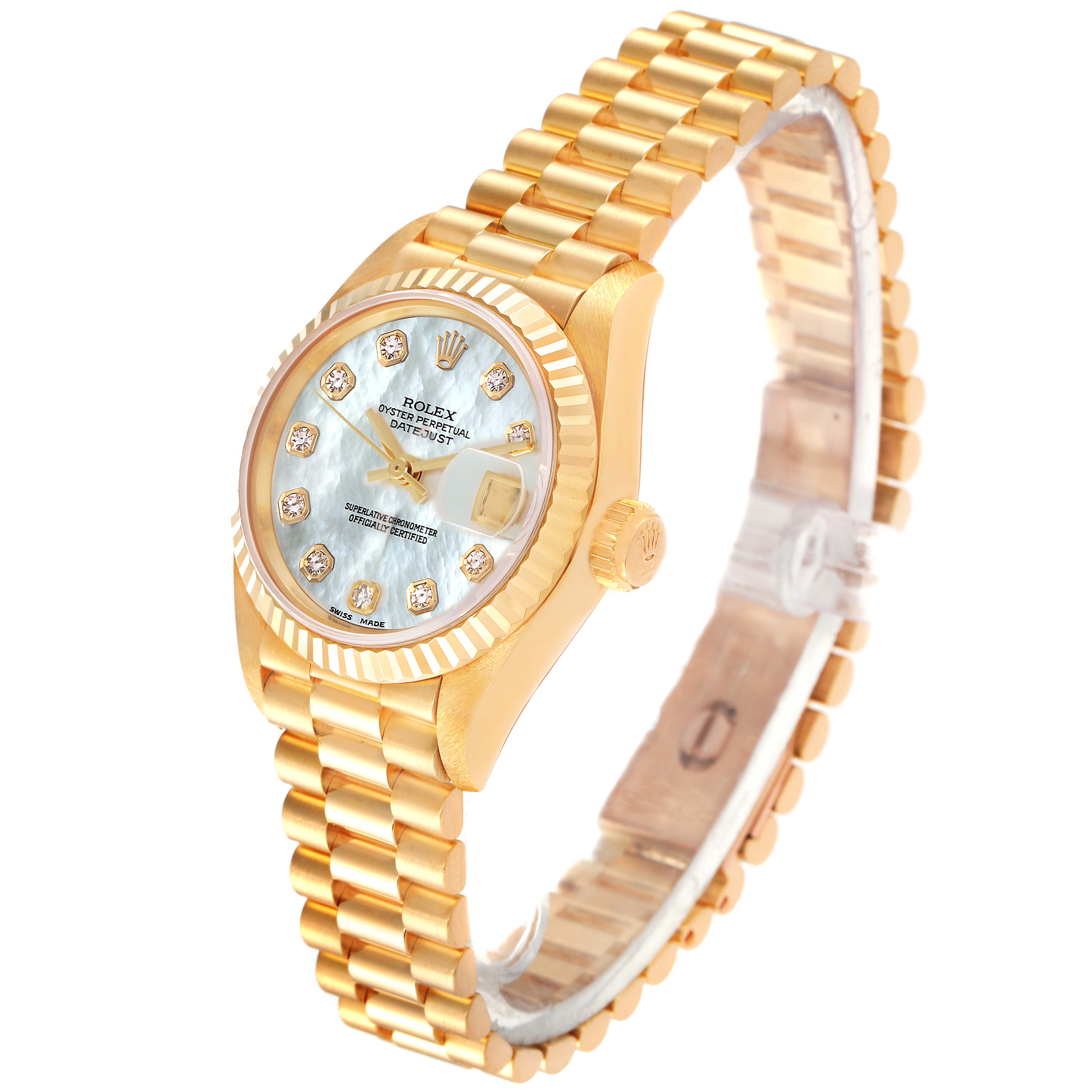 The Rolex President 69178 Women
s Yellow Gold Mother of Pearl Dial 69178 Women
s Yellow Gold Mother of Pearl Dial model watch is shown at a slight angle, displaying the face, band, crown, and fluted bezel.