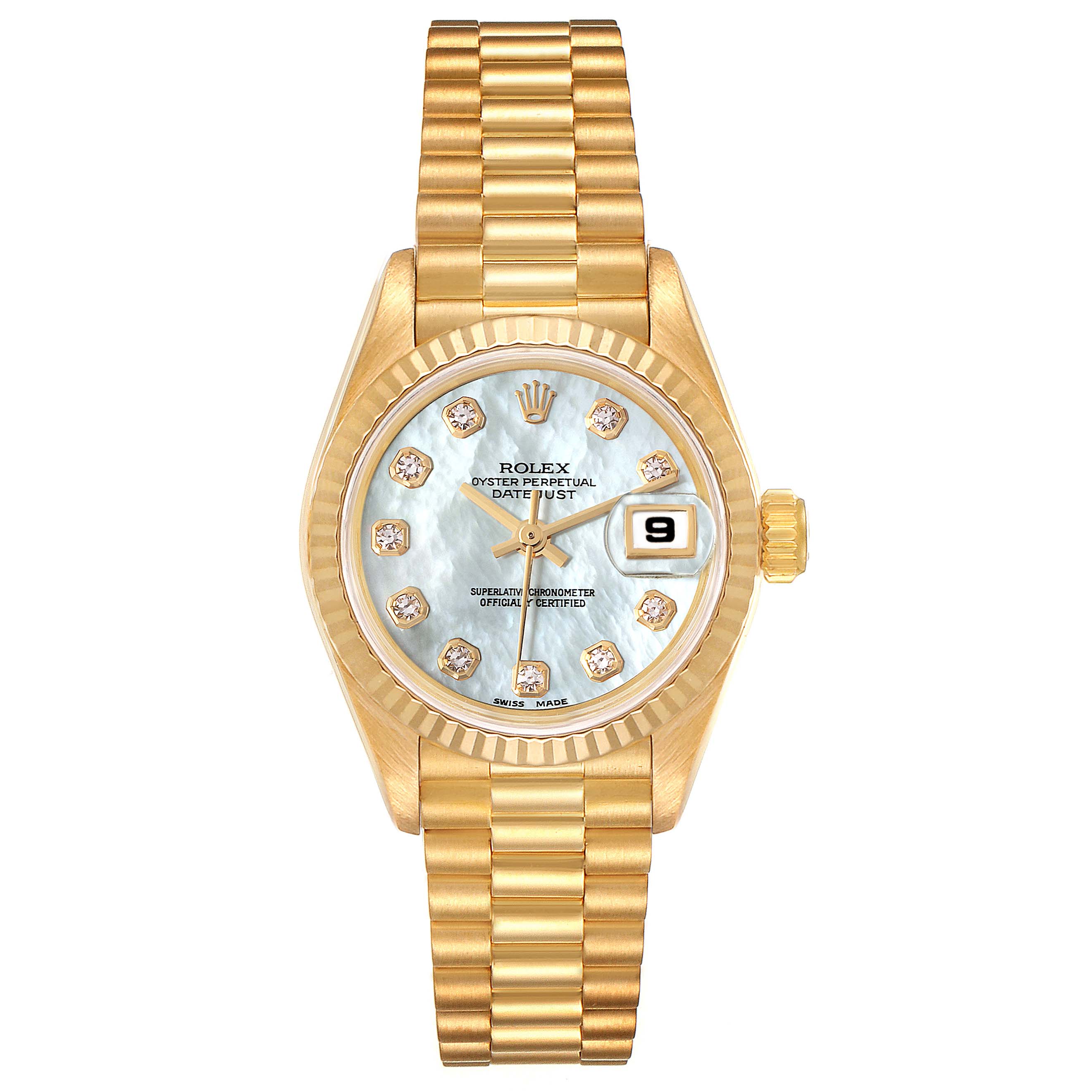 This image shows a Rolex President 69178 Women
s Yellow Gold Mother of Pearl Dial 69178 Women
s Yellow Gold Mother of Pearl Dial model watch from a top-down angle, highlighting its gold band, dial, and date function.