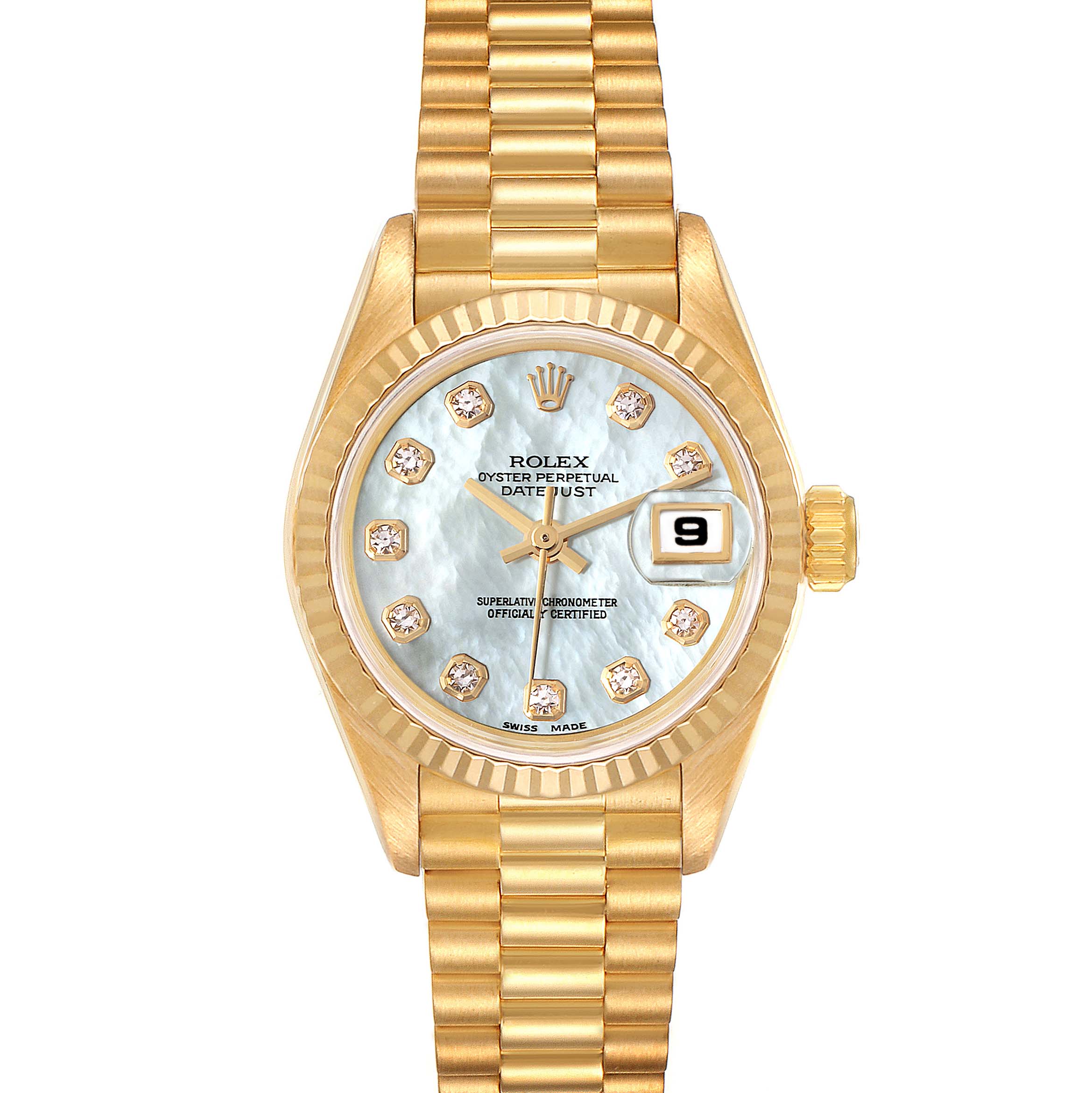 This is a front view of a Rolex President 69178 Women
s Yellow Gold Mother of Pearl Dial 69178 Women
s Yellow Gold Mother of Pearl Dial model watch, showing the dial, bezel, bracelet, and crown.