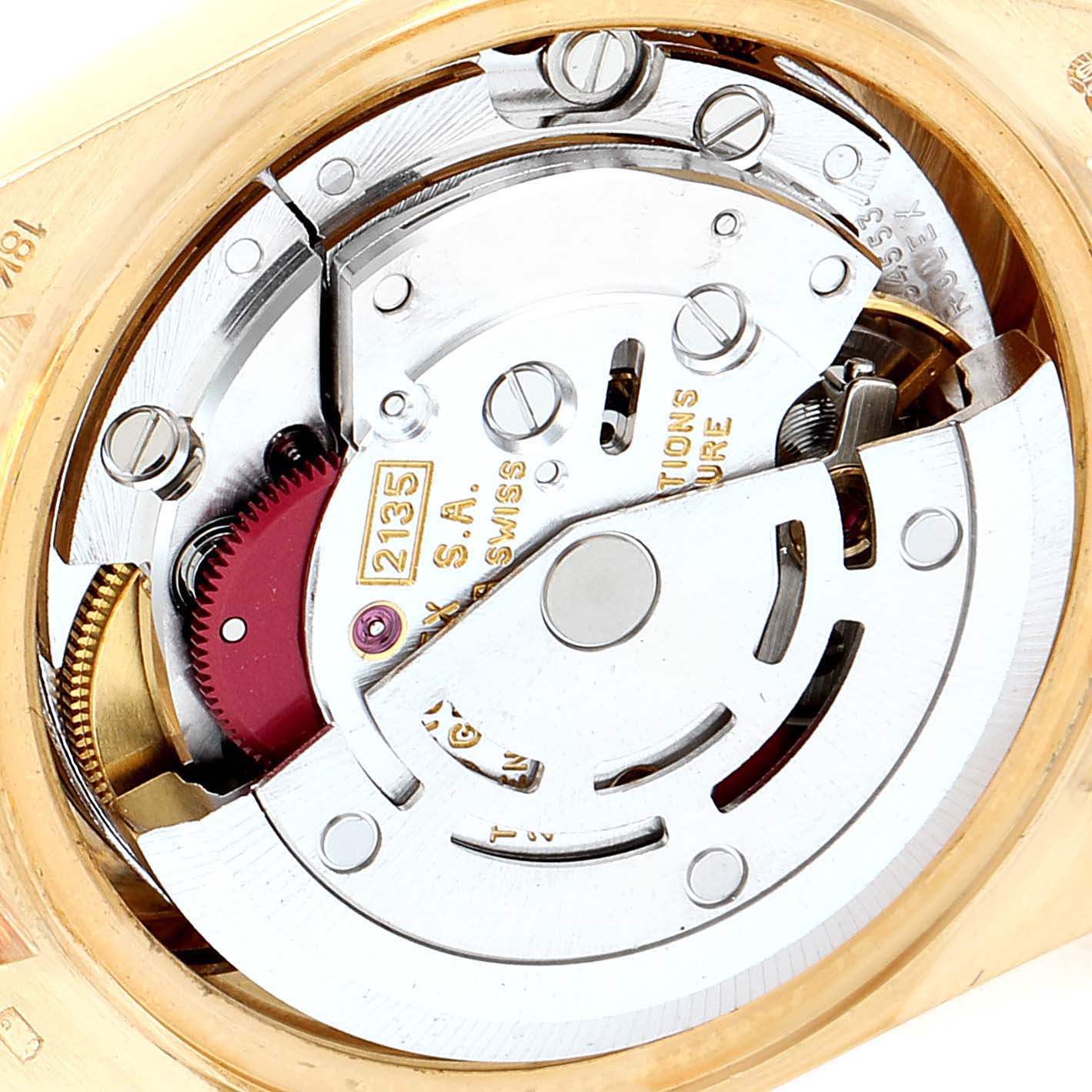 This image shows a close-up view of the movement mechanism of a Rolex President 69178 Women
s Yellow Gold Mother of Pearl Dial 69178 Women
s Yellow Gold Mother of Pearl Dial model watch.