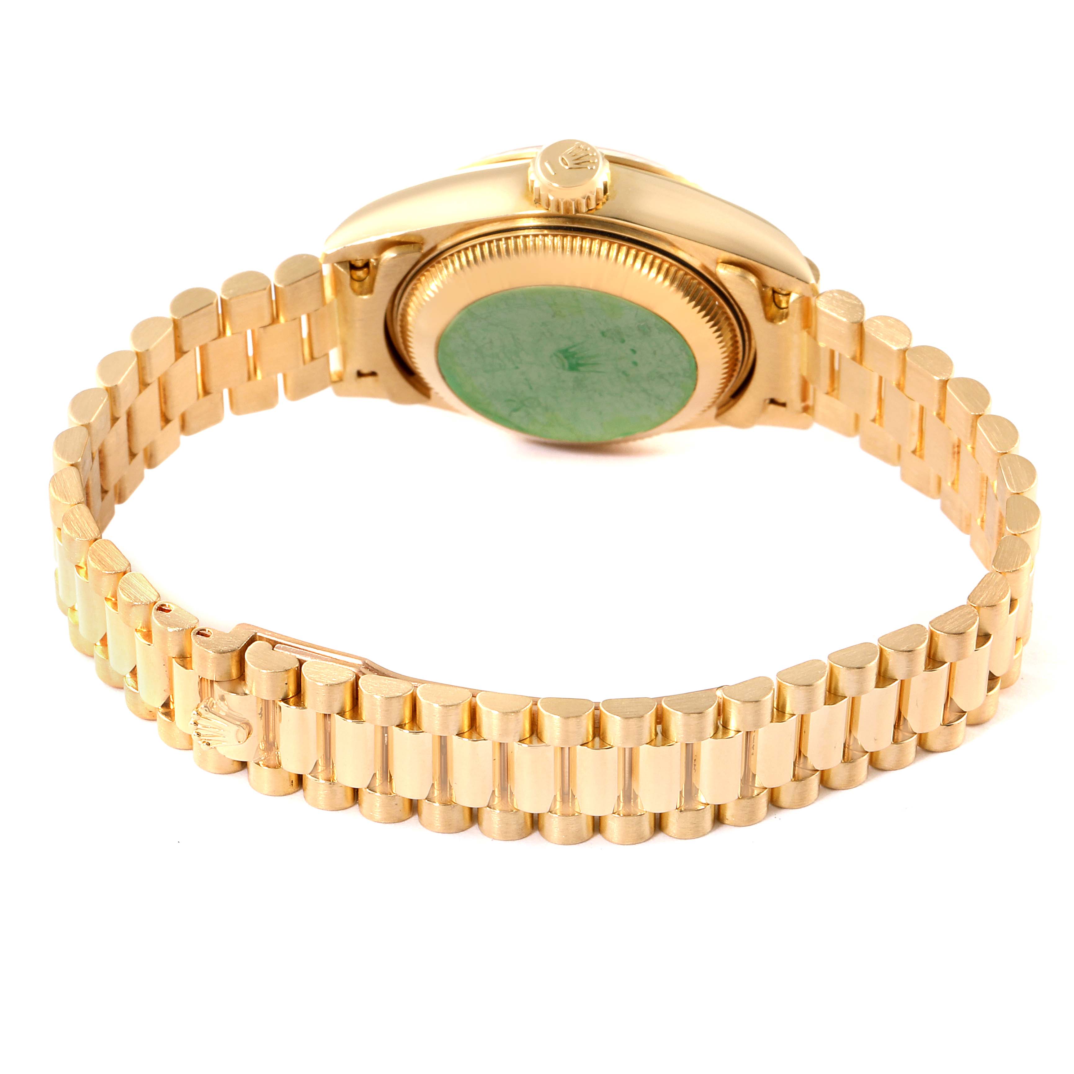 The image shows the rear view of a Rolex President 69178 Women
s Yellow Gold Mother of Pearl Dial 69178 Women
s Yellow Gold Mother of Pearl Dial model watch, highlighting the bracelet and case back.