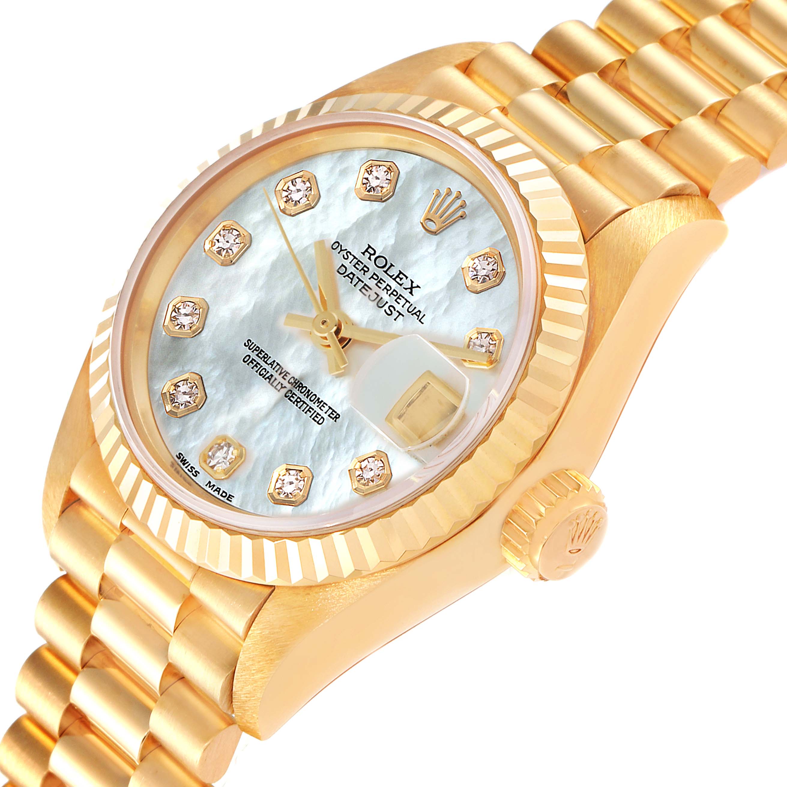 The image shows a close-up angle of the dial, bezel, bracelet, and crown of a Rolex President 69178 Women
s Yellow Gold Mother of Pearl Dial 69178 Women
s Yellow Gold Mother of Pearl Dial model watch.