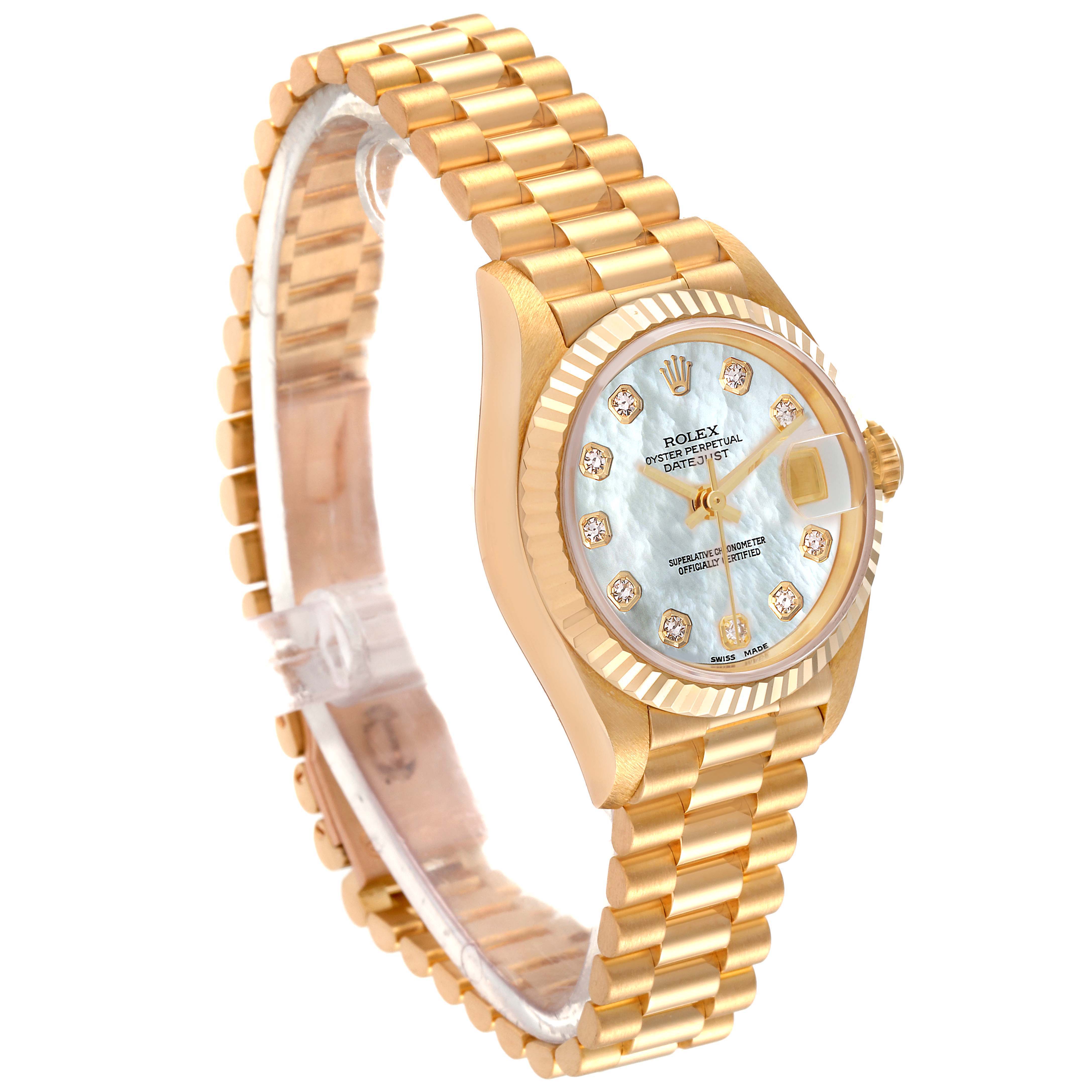 The image shows a Rolex President 69178 Women
s Yellow Gold Mother of Pearl Dial 69178 Women
s Yellow Gold Mother of Pearl Dial model watch from a three-quarter angle, highlighting the bracelet, dial, and bezel.