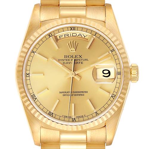 This image shows the front view of a Rolex President Day-Date watch, highlighting its gold dial, bezel, and bracelet.