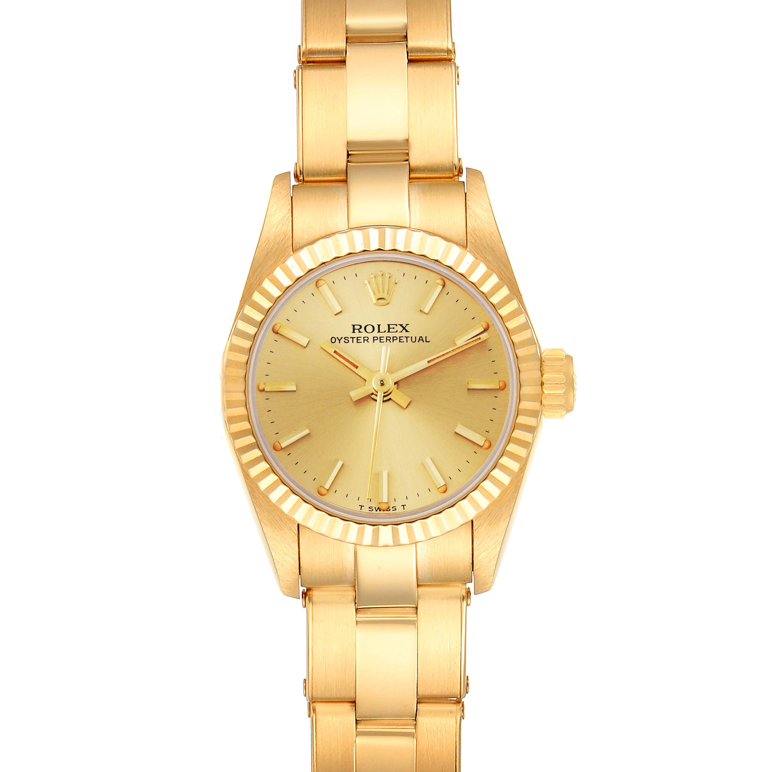 The image shows a front view of a Rolex President 67198 Women
s Yellow Gold Champagne Dial 67198 Women
s Yellow Gold Champagne Dial model watch, displaying its gold dial, bracelet, and fluted bezel.