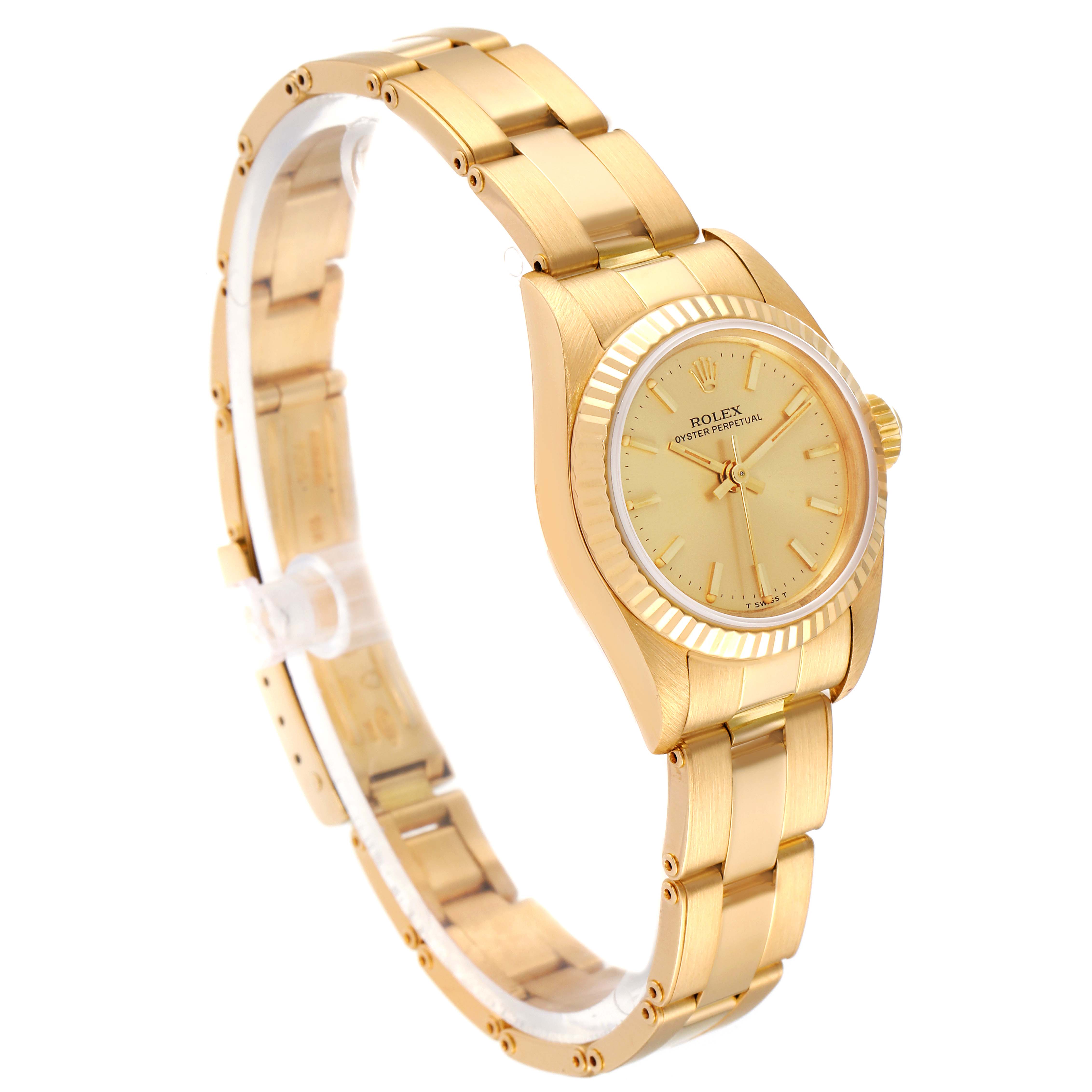 The image shows a gold Rolex President 67198 Women
s Yellow Gold Champagne Dial 67198 Women
s Yellow Gold Champagne Dial model watch, angled to display its band, dial, and bezel.