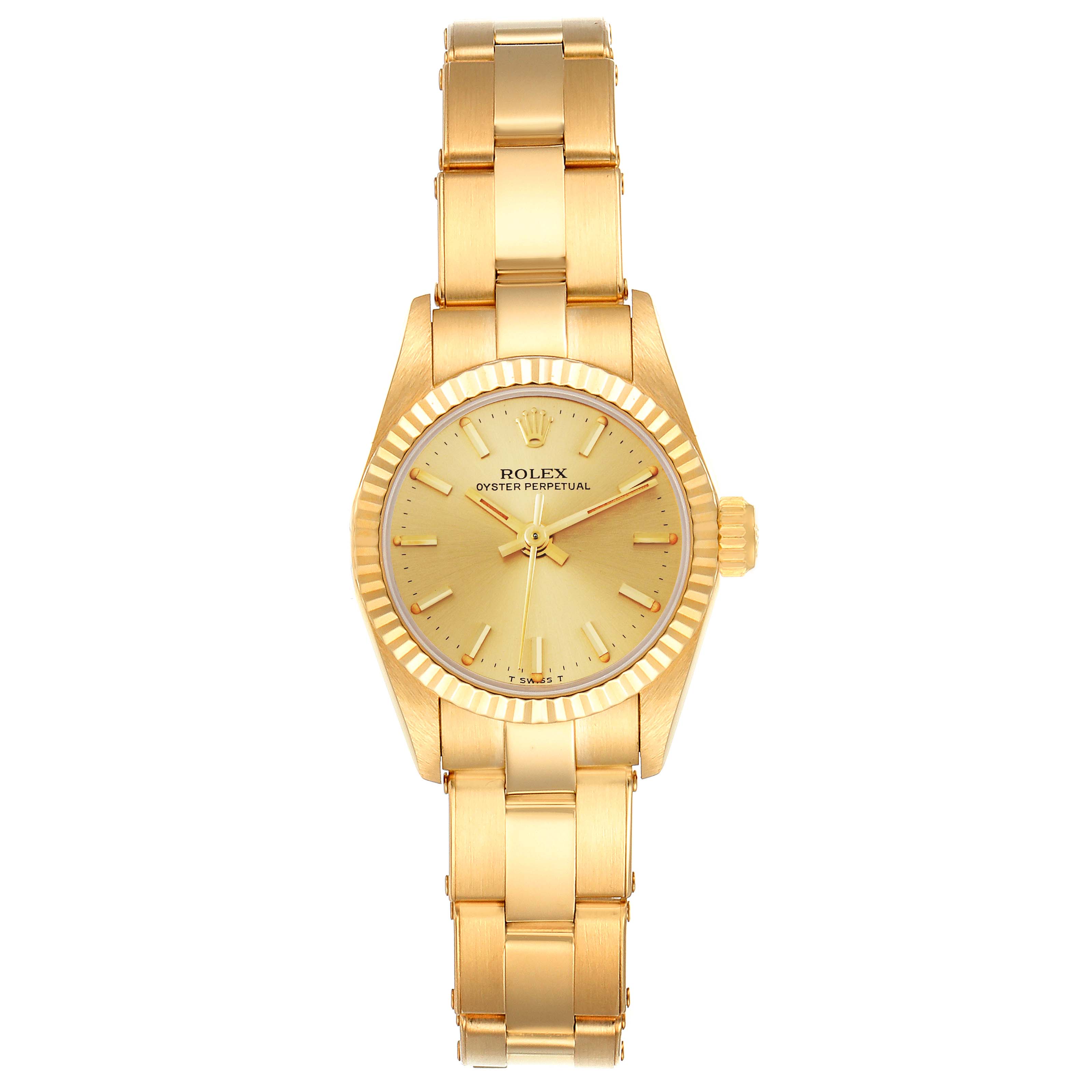 The image shows a frontal view of a Rolex President 67198 Women
s Yellow Gold Champagne Dial 67198 Women
s Yellow Gold Champagne Dial model watch, highlighting the dial, bezel, case, and bracelet.