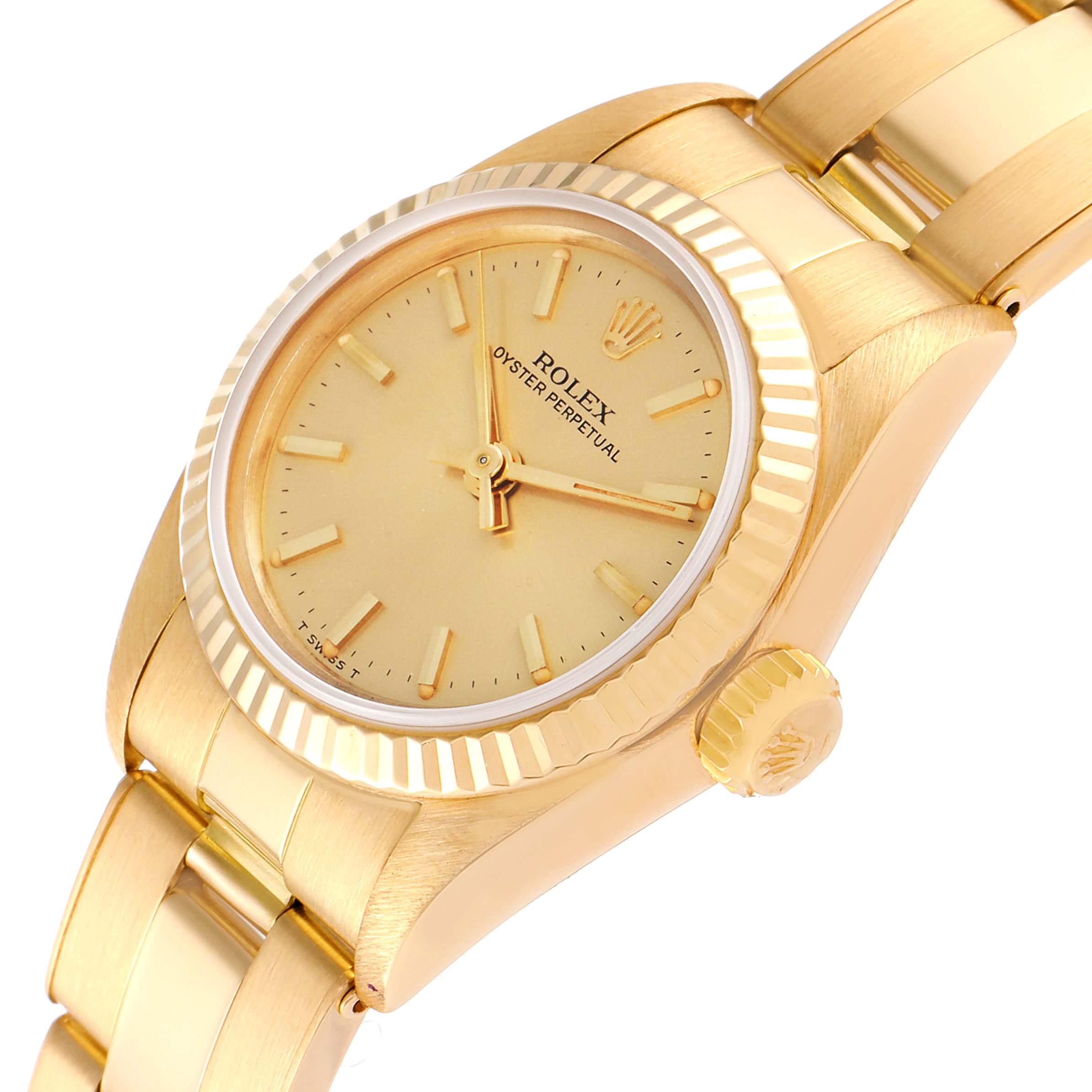 The image shows a side angle of a Rolex President 67198 Women
s Yellow Gold Champagne Dial 67198 Women
s Yellow Gold Champagne Dial model watch, highlighting its face, bezel, crown, and part of the bracelet.