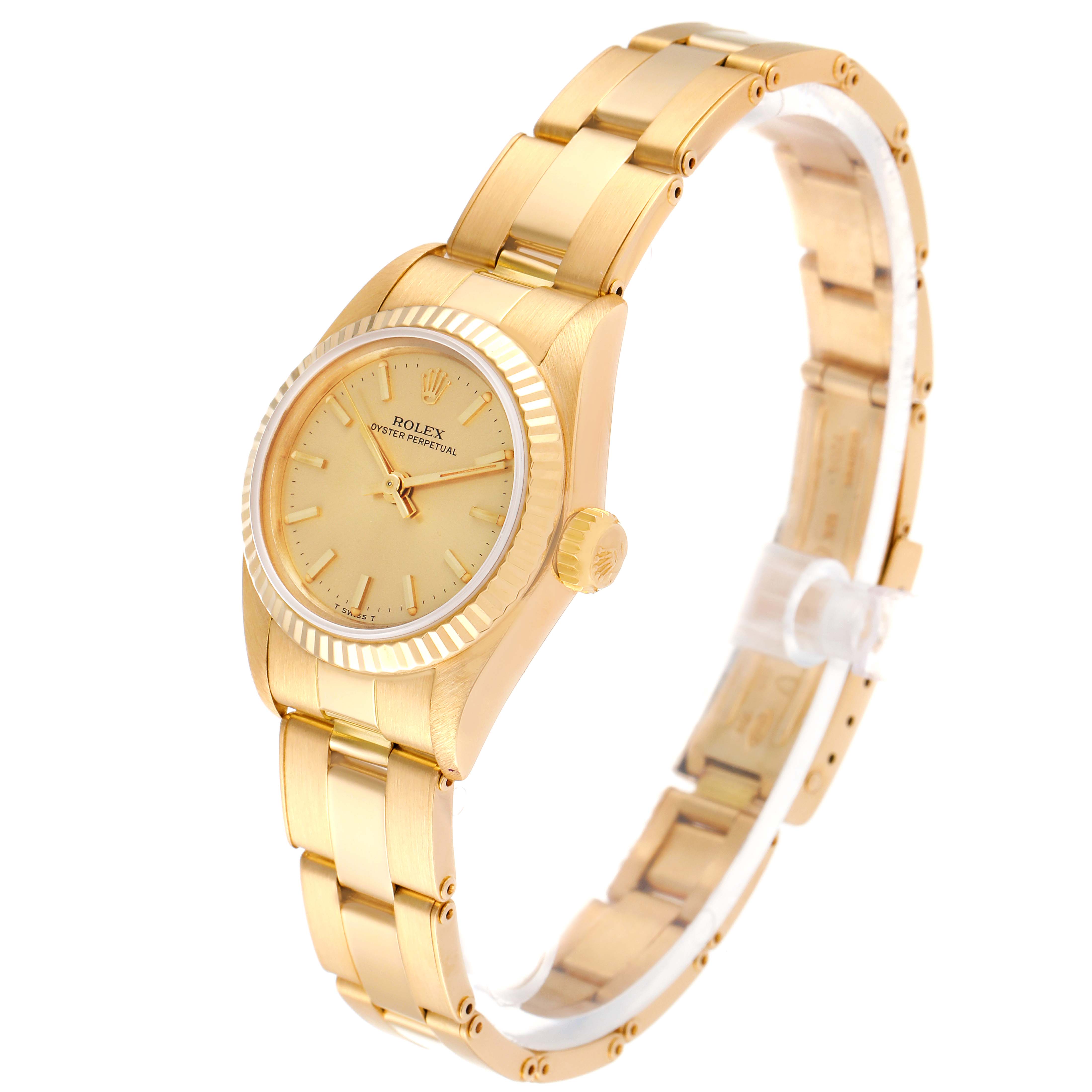 The Rolex President 67198 Women
s Yellow Gold Champagne Dial 67198 Women
s Yellow Gold Champagne Dial model watch is shown at a three-quarter angle, displaying the face, crown, and bracelet.