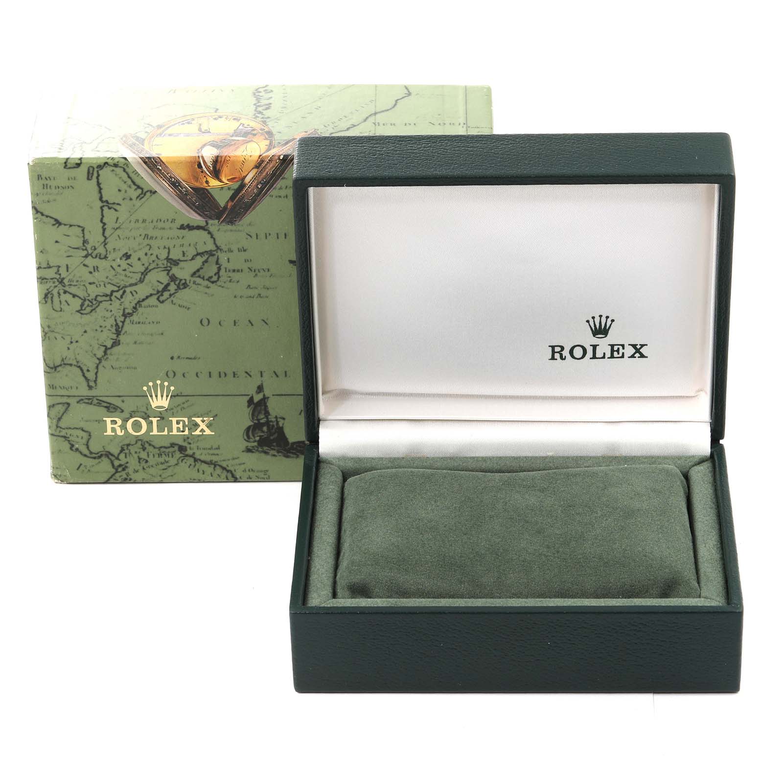 The image shows the packaging for a Rolex President 67198 Women
s Yellow Gold Champagne Dial 67198 Women
s Yellow Gold Champagne Dial model watch, including the exterior box and the interior watch box with the Rolex logo.