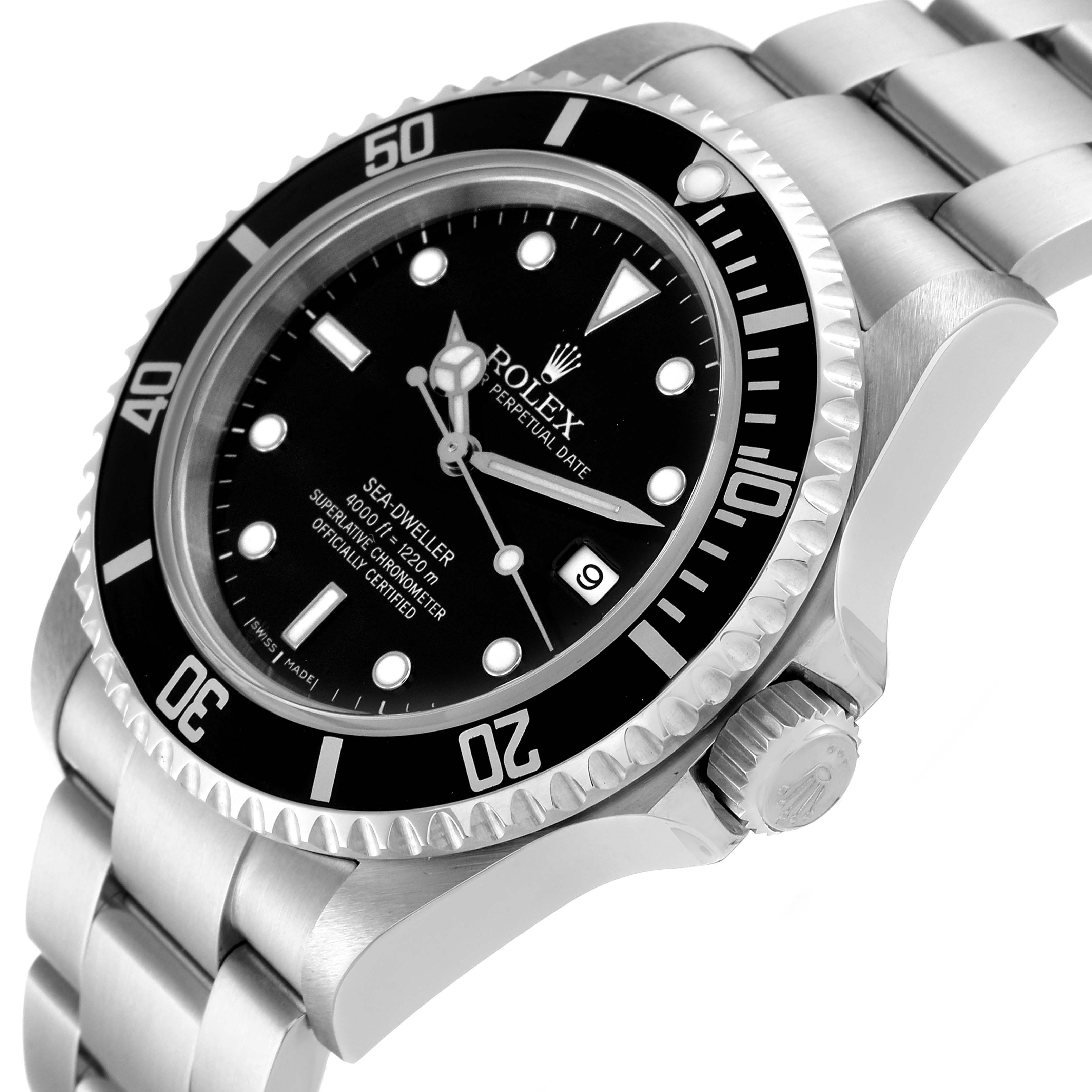 The image shows a close-up angle of the Rolex Sea-Dweller 16600 Men's Stainless Steel Black Dial 16600 Men's Stainless Steel Black Dial watch highlighting the bezel, dial, crown, and part of the bracelet.