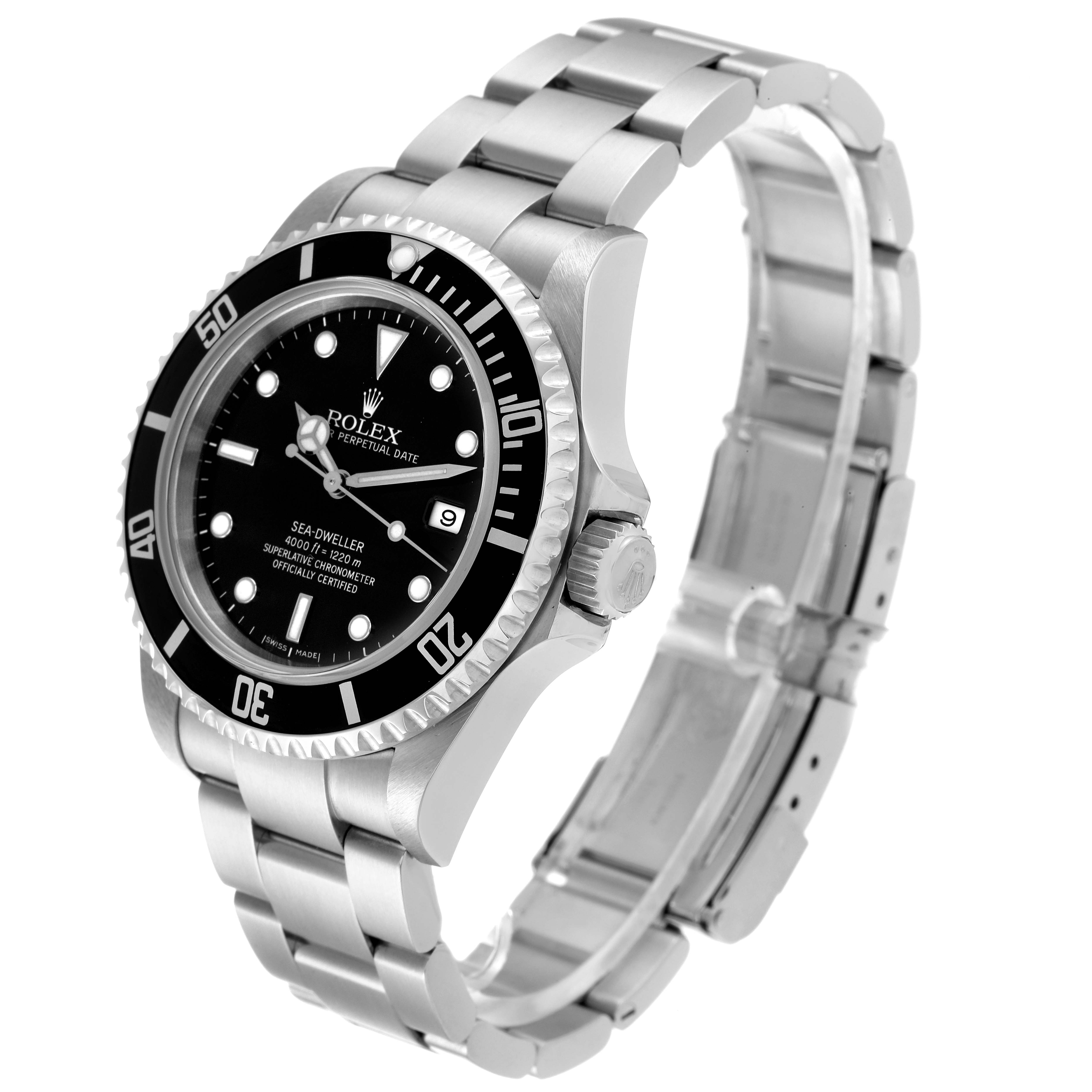The Rolex Sea-Dweller 16600 Men's Stainless Steel Black Dial 16600 Men's Stainless Steel Black Dial watch is shown at an oblique angle, highlighting the bezel, dial, bracelet, and crown.